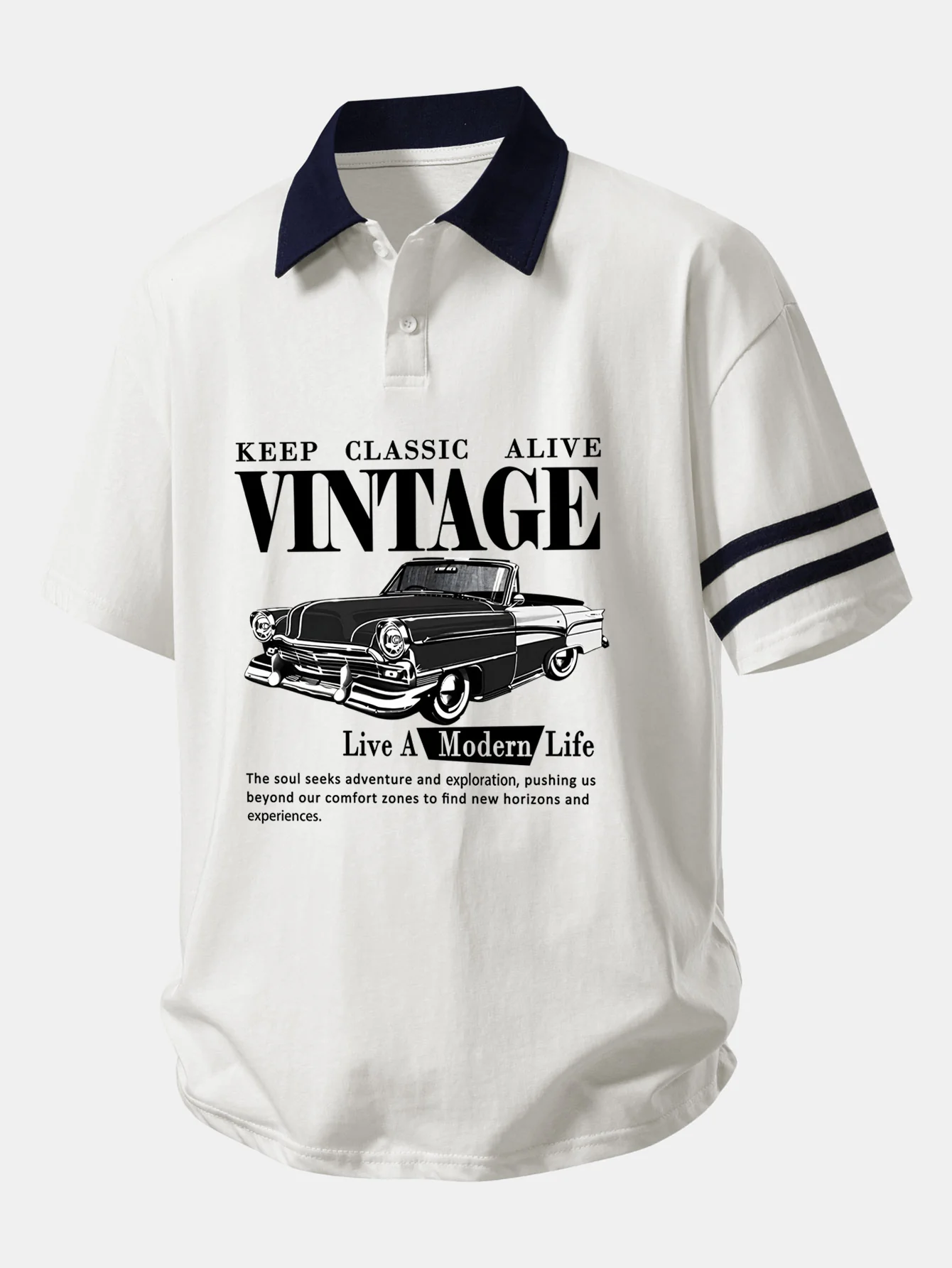 Relax Fit Vintage Car Print Contrast Collar Polo Shirt - Image 11
