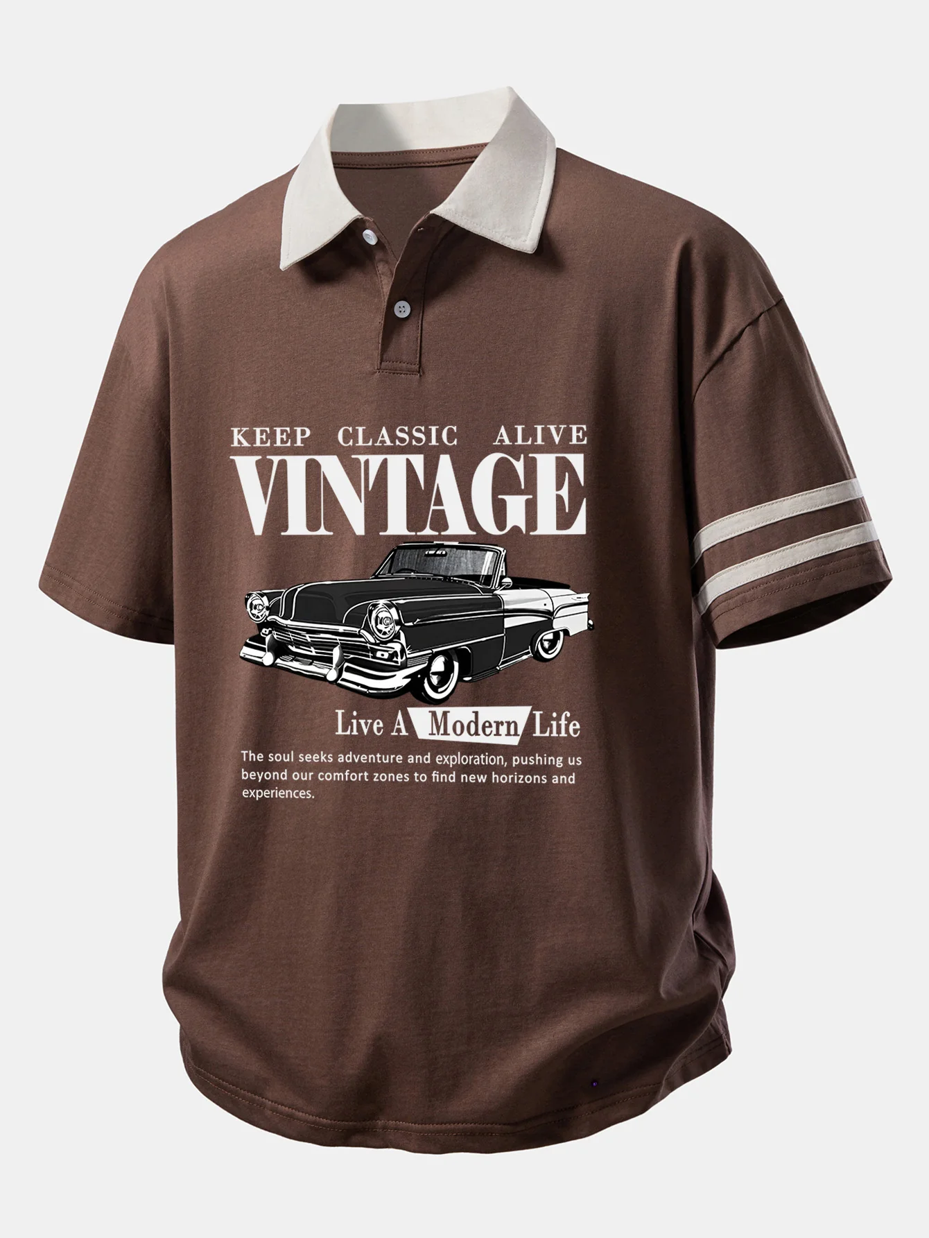 Relax Fit Vintage Car Print Contrast Collar Polo Shirt - Image 3
