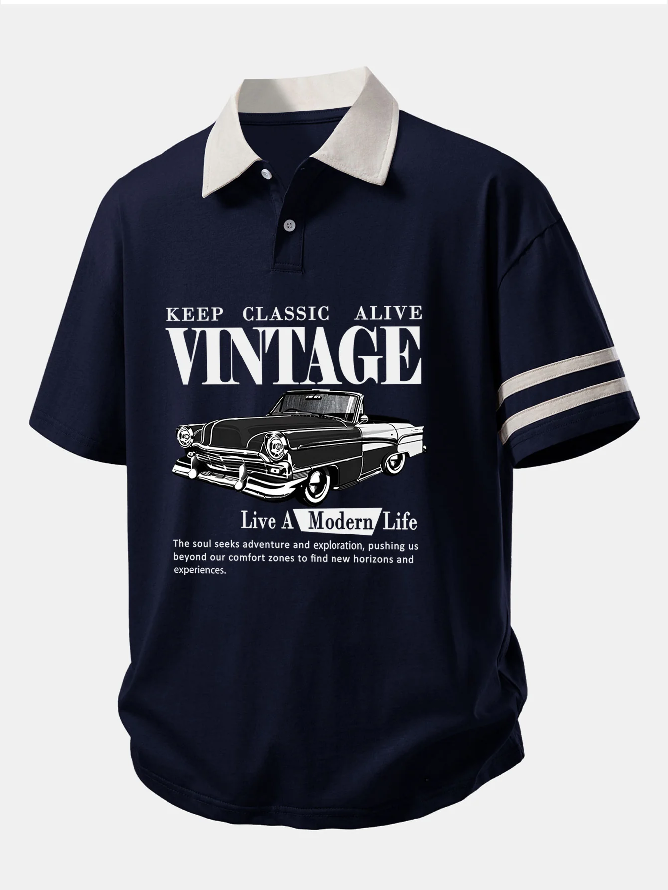 Relax Fit Vintage Car Print Contrast Collar Polo Shirt - Image 5