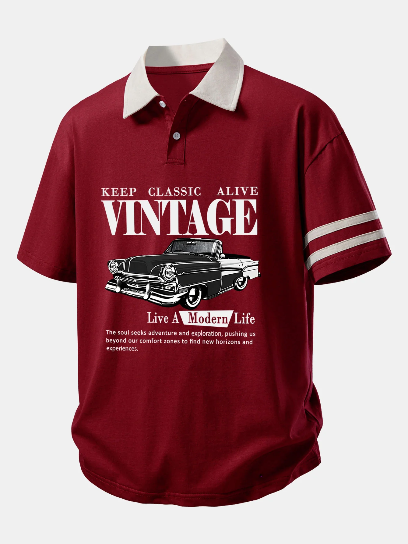 Relax Fit Vintage Car Print Contrast Collar Polo Shirt - Image 7