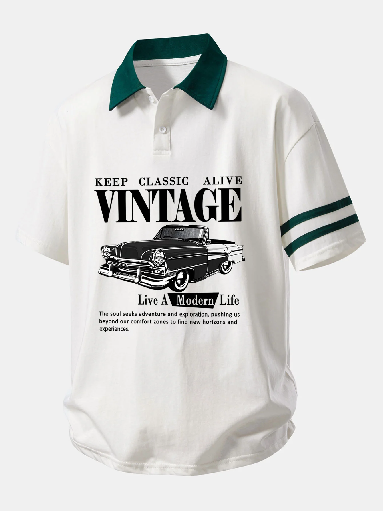 Relax Fit Vintage Car Print Contrast Collar Polo Shirt - Image 9