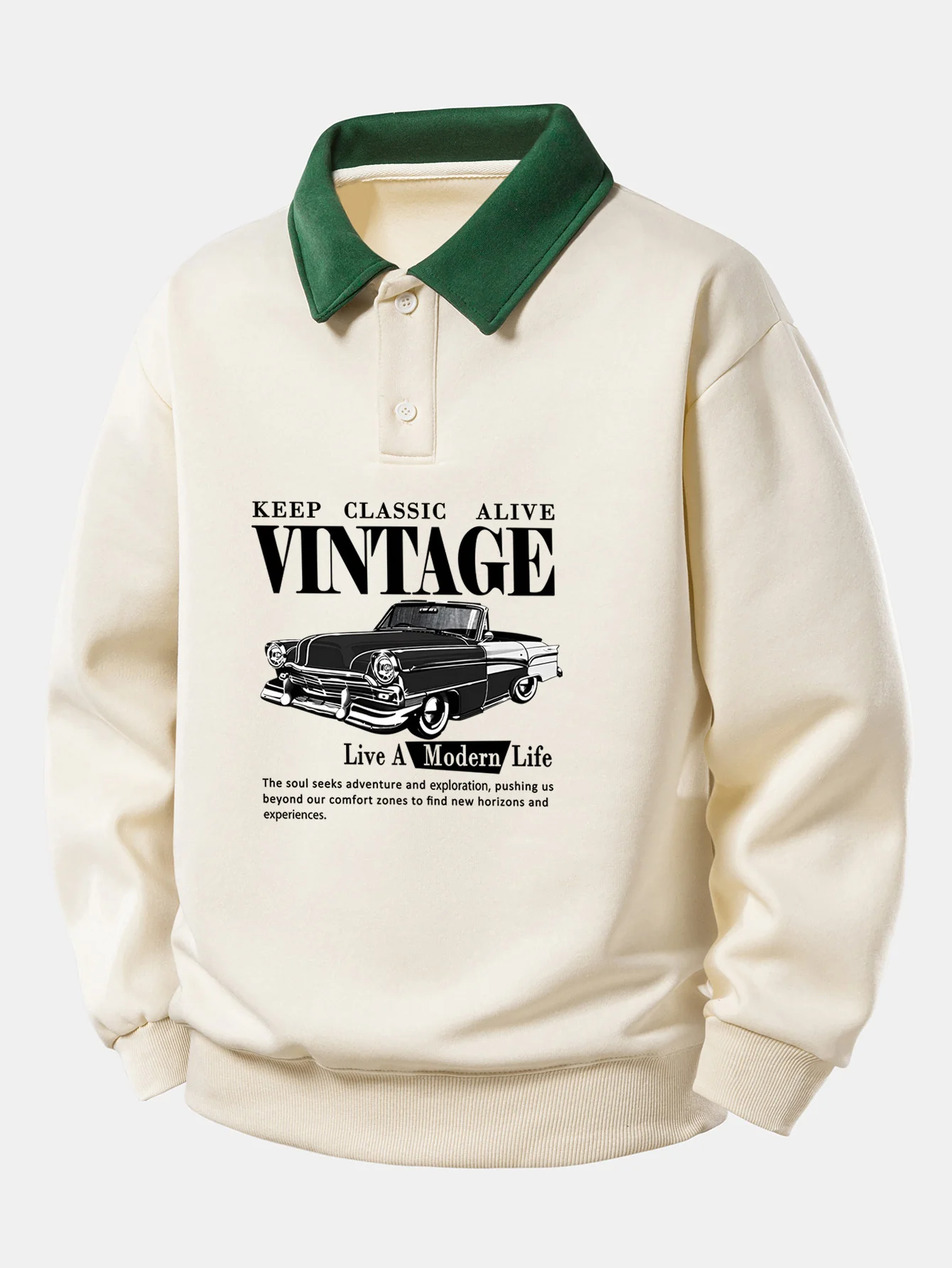 Relaxed Fit Vintage Auto Print Kontrast Poloshirts Sweatshirt - Image 3