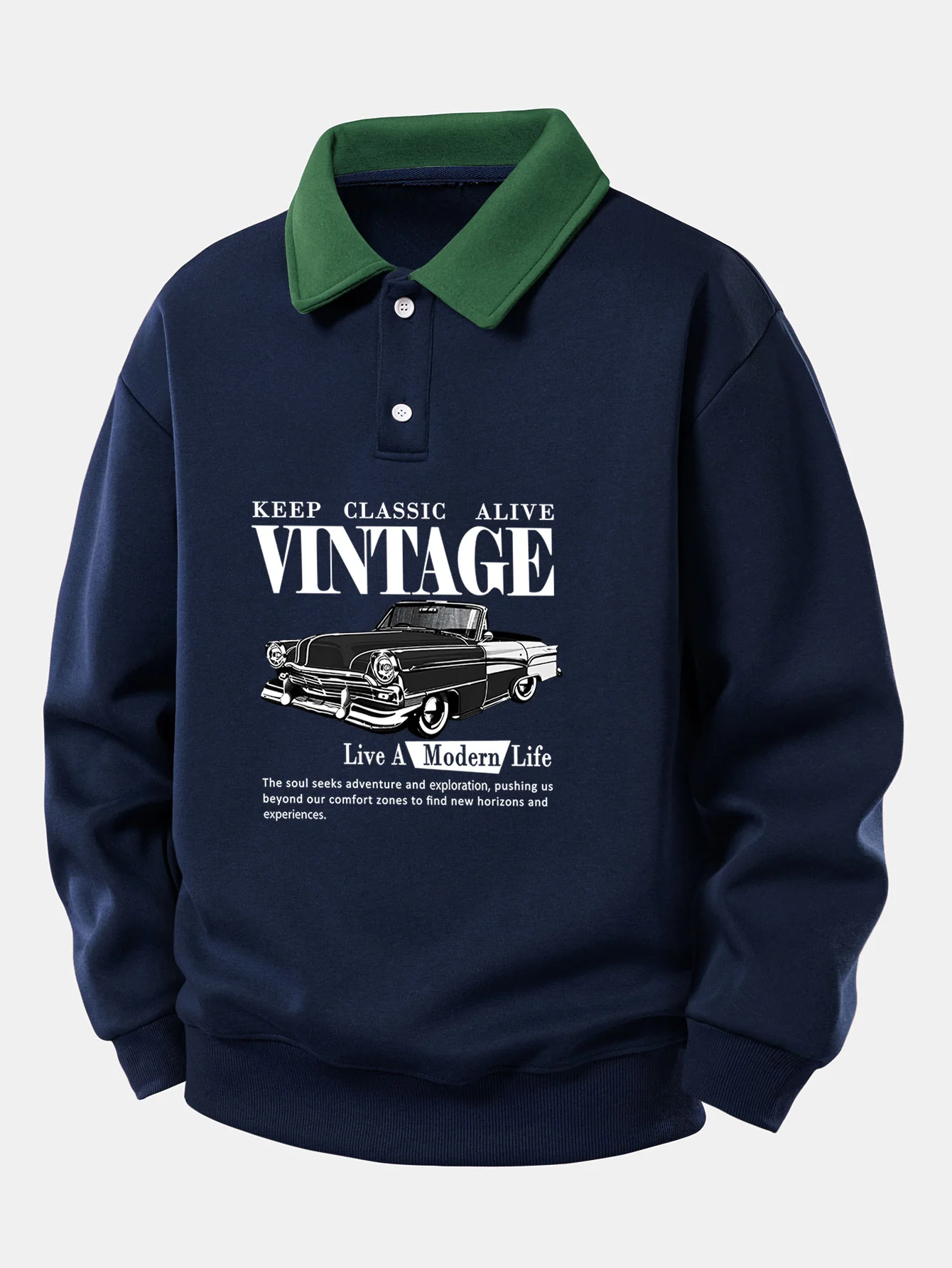 Relaxed Fit Vintage Auto Print Kontrast Poloshirts Sweatshirt - Image 5