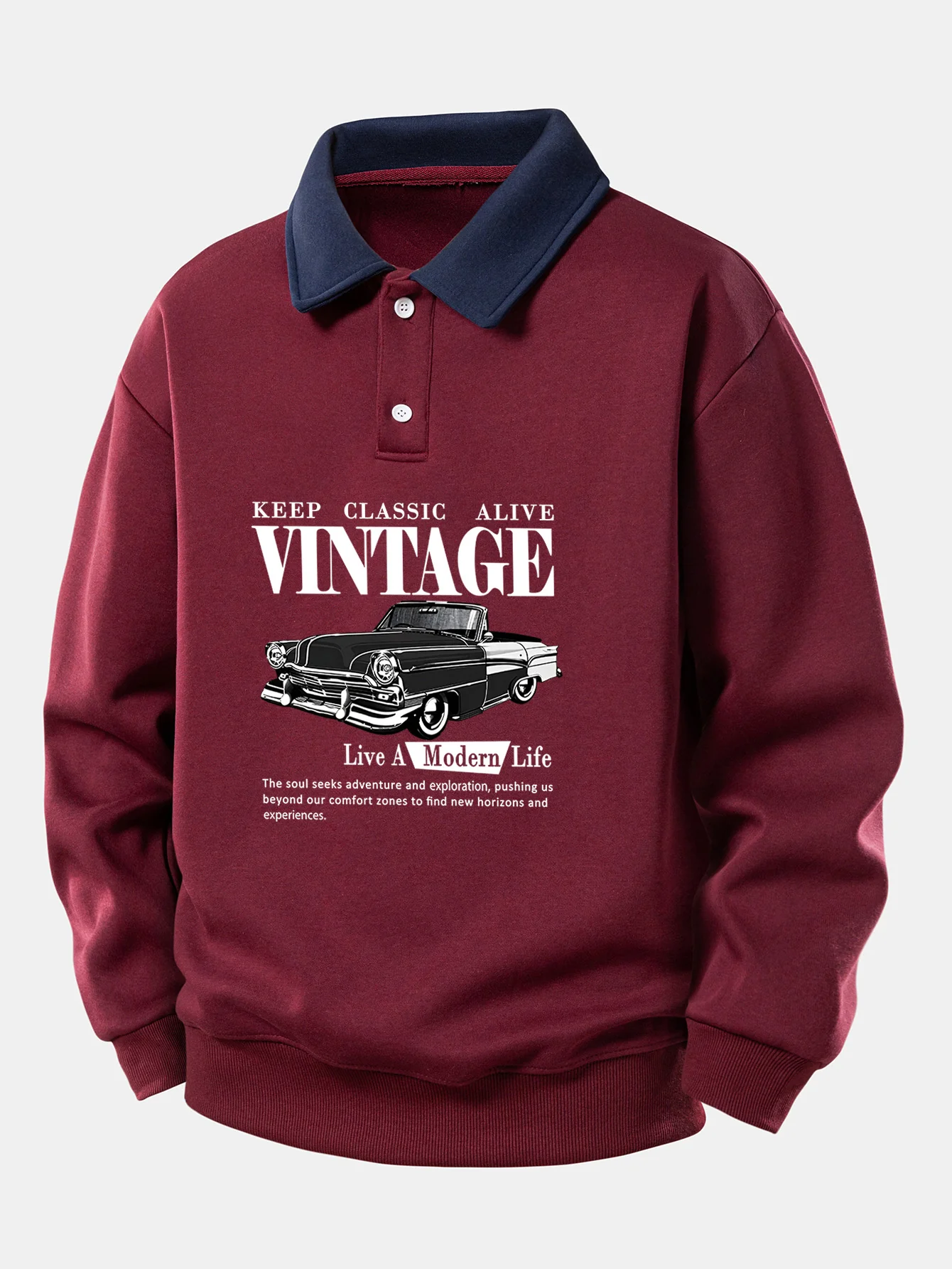 Relaxed Fit Vintage Auto Print Kontrast Poloshirts Sweatshirt - Image 9