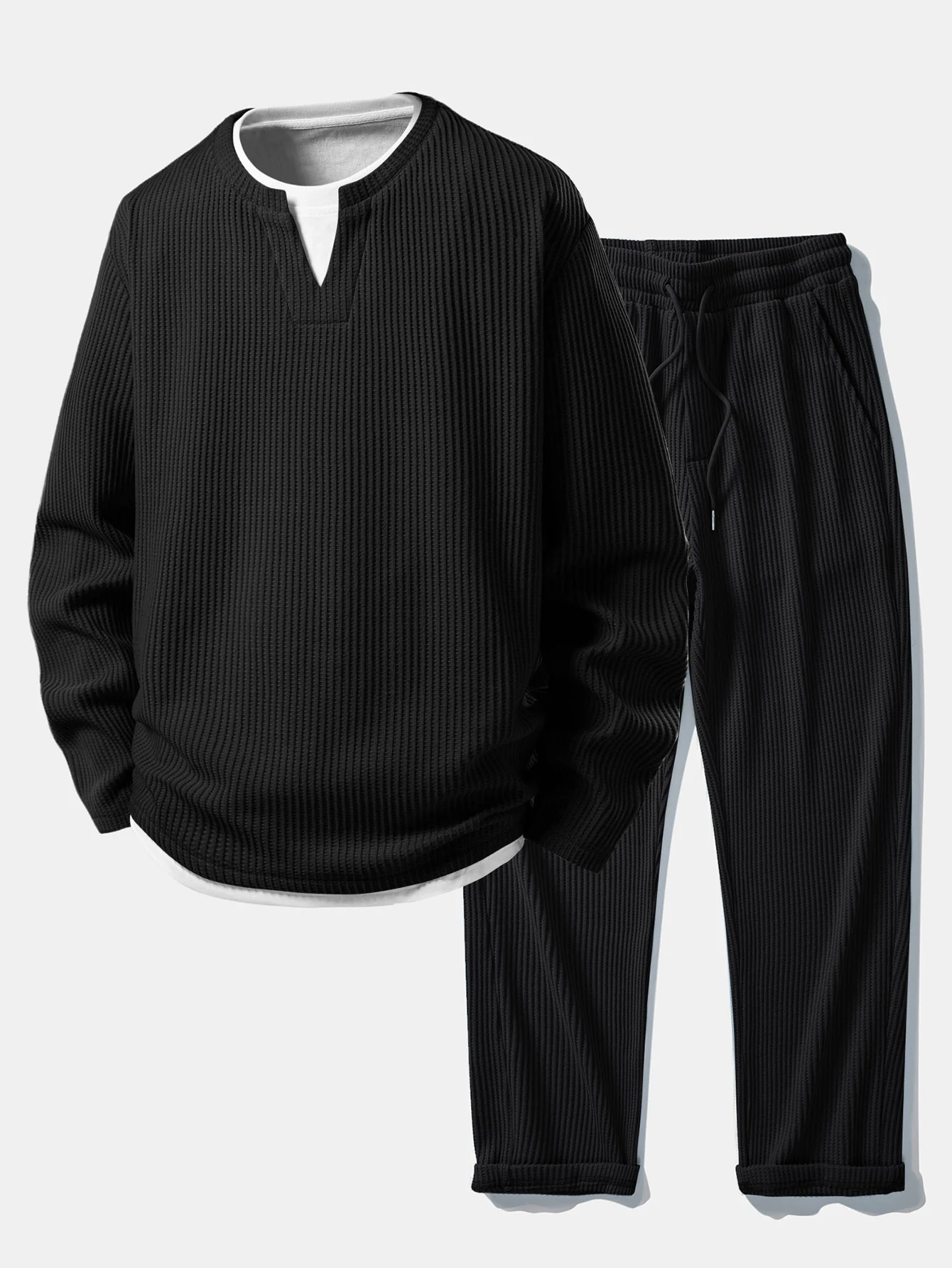 Relax Fit Waffle 2 In 1 Notched Collar T-Shirt & Drawstring Knitted Waffle Pants - Image 2