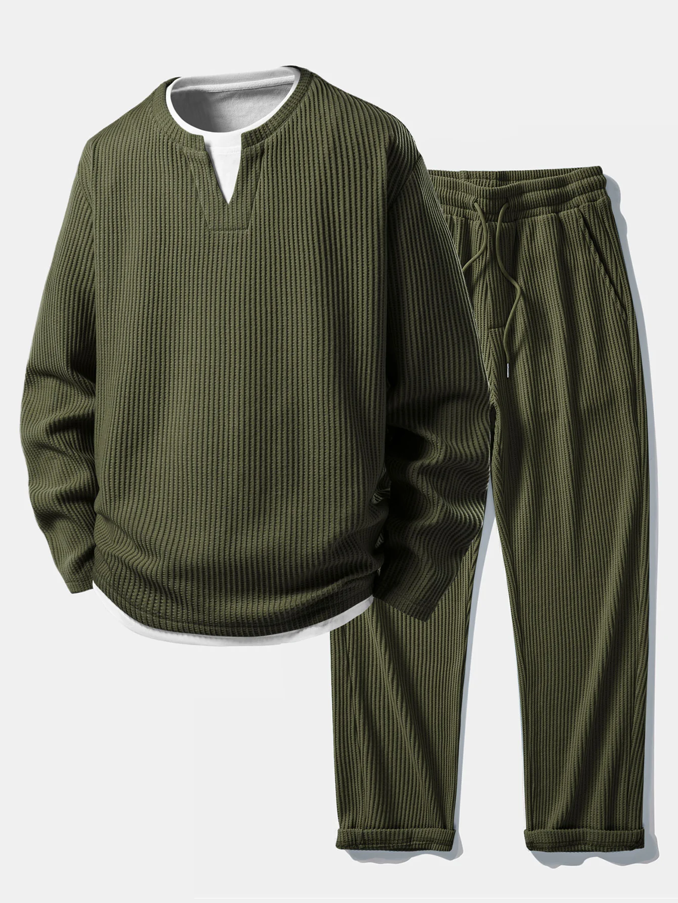 Relax Fit Waffle 2 In 1 Notched Collar T-Shirt & Drawstring Knitted Waffle Pants - Image 3