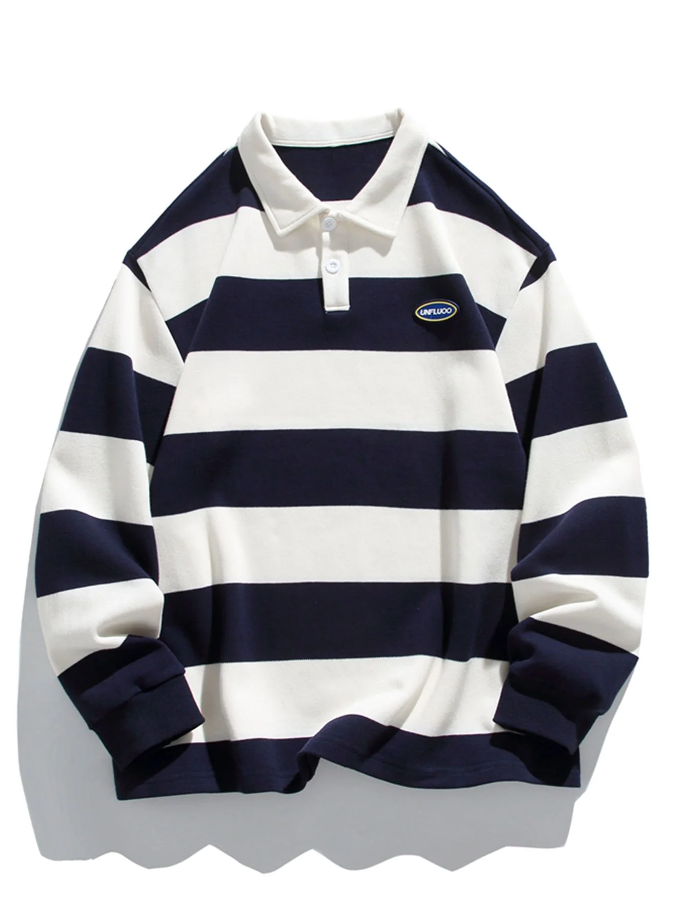 Relaxed Fit Waffle Breit Gestreifter Polo Sweatshirt - Image 3