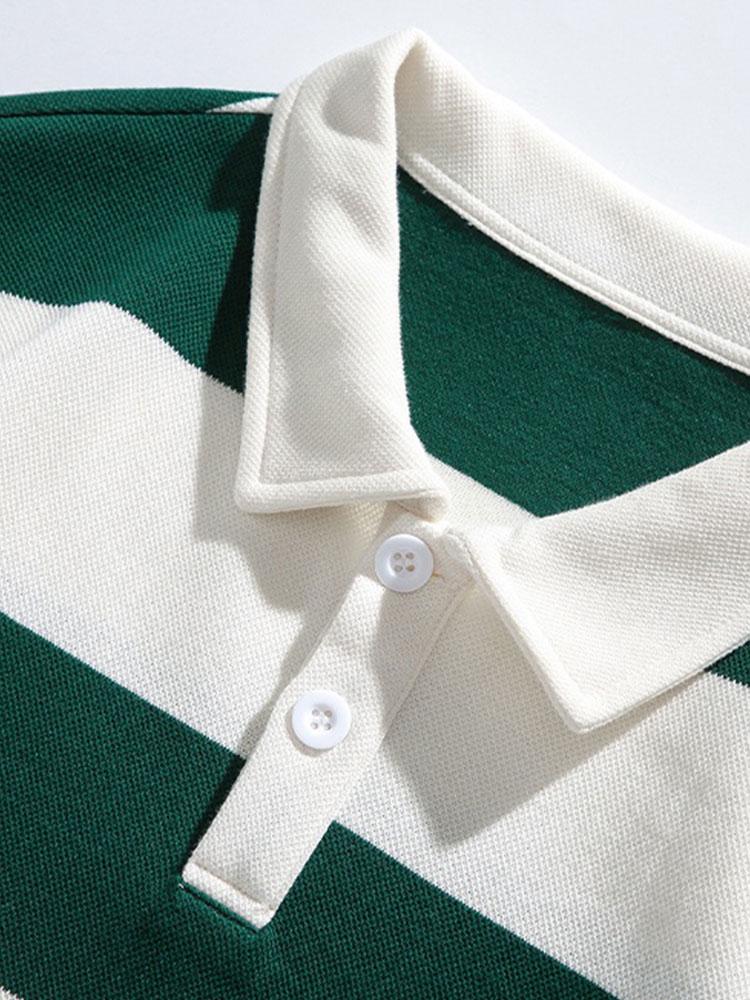 Relaxed Fit Waffle Breit Gestreifter Polo Sweatshirt - Image 7