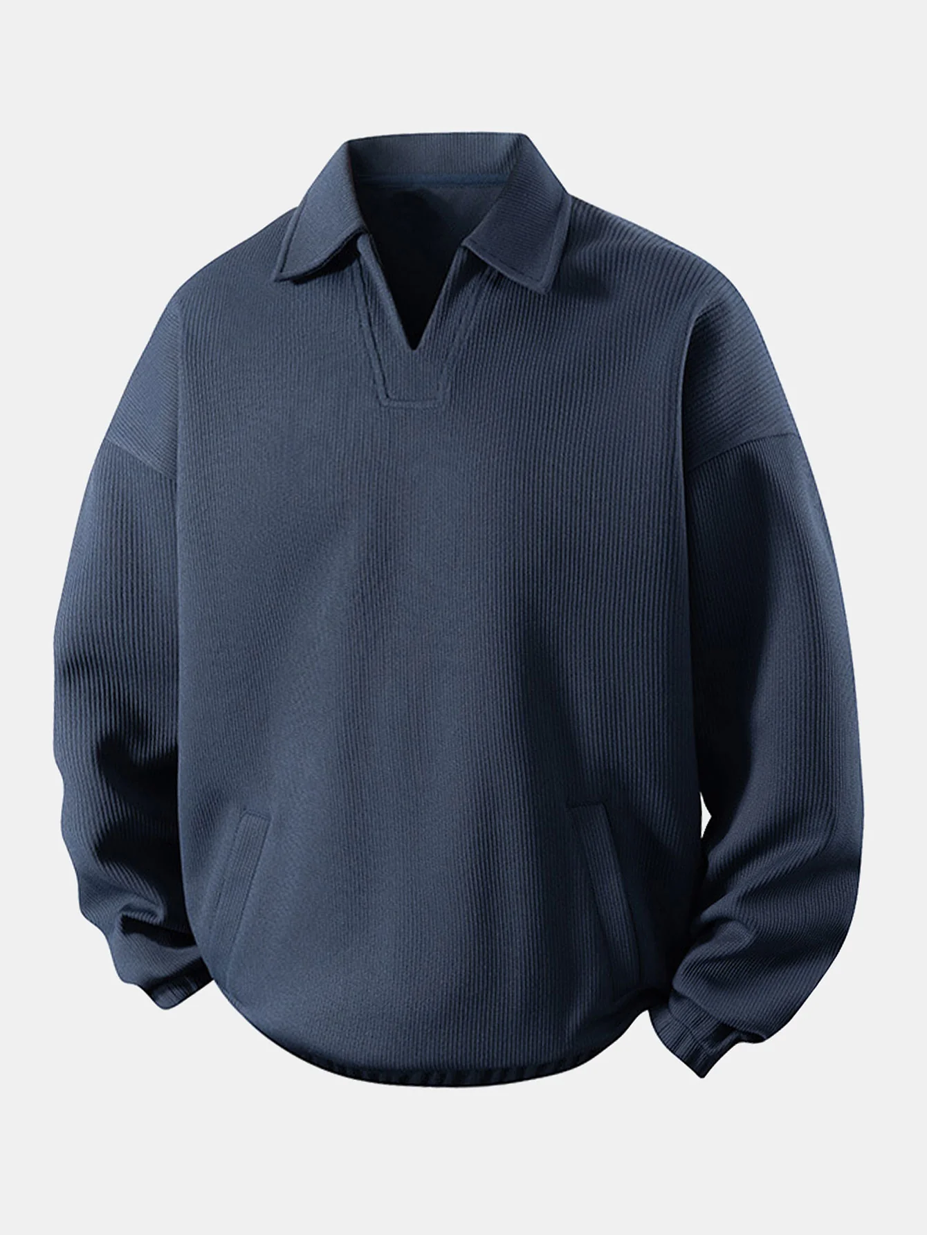 Relaxed Fit Wffle V-Ausschnitt Poloshirts Sweatshirt - Image 3