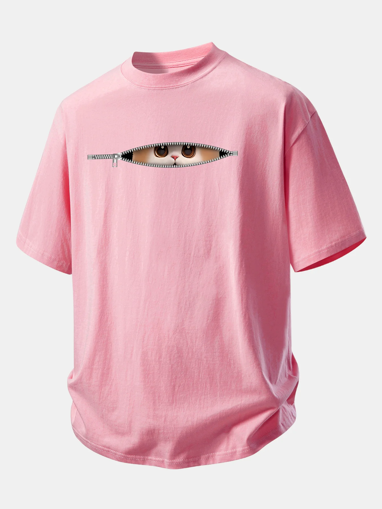 Relax Fit Zipper Cat Print Cotton T-Shirt
