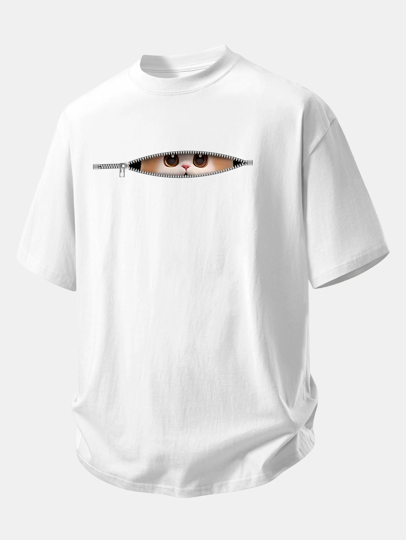 Relax Fit Zipper Cat Print Cotton T-Shirt - Image 12