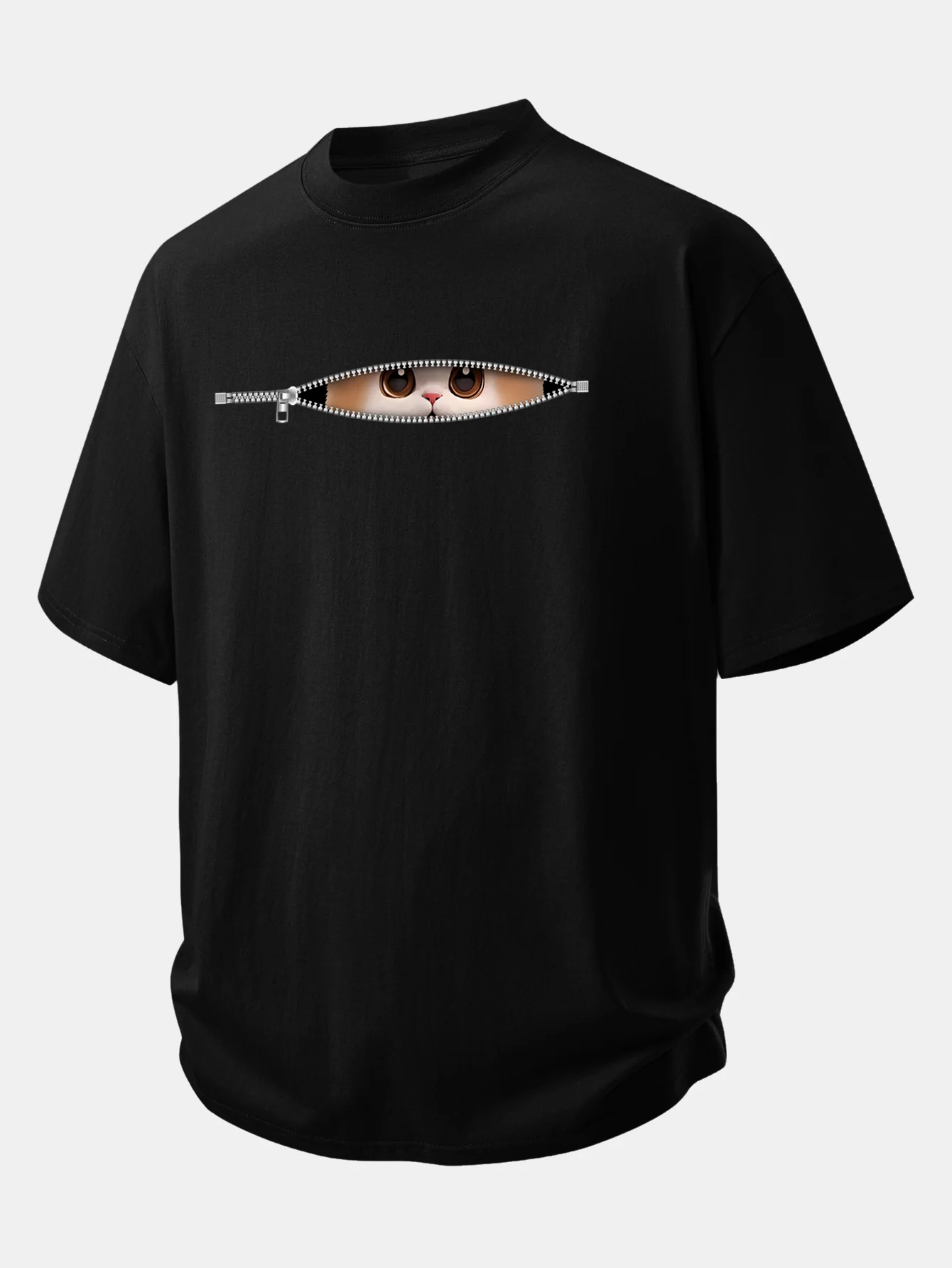 Relax Fit Zipper Cat Print Cotton T-Shirt - Image 2