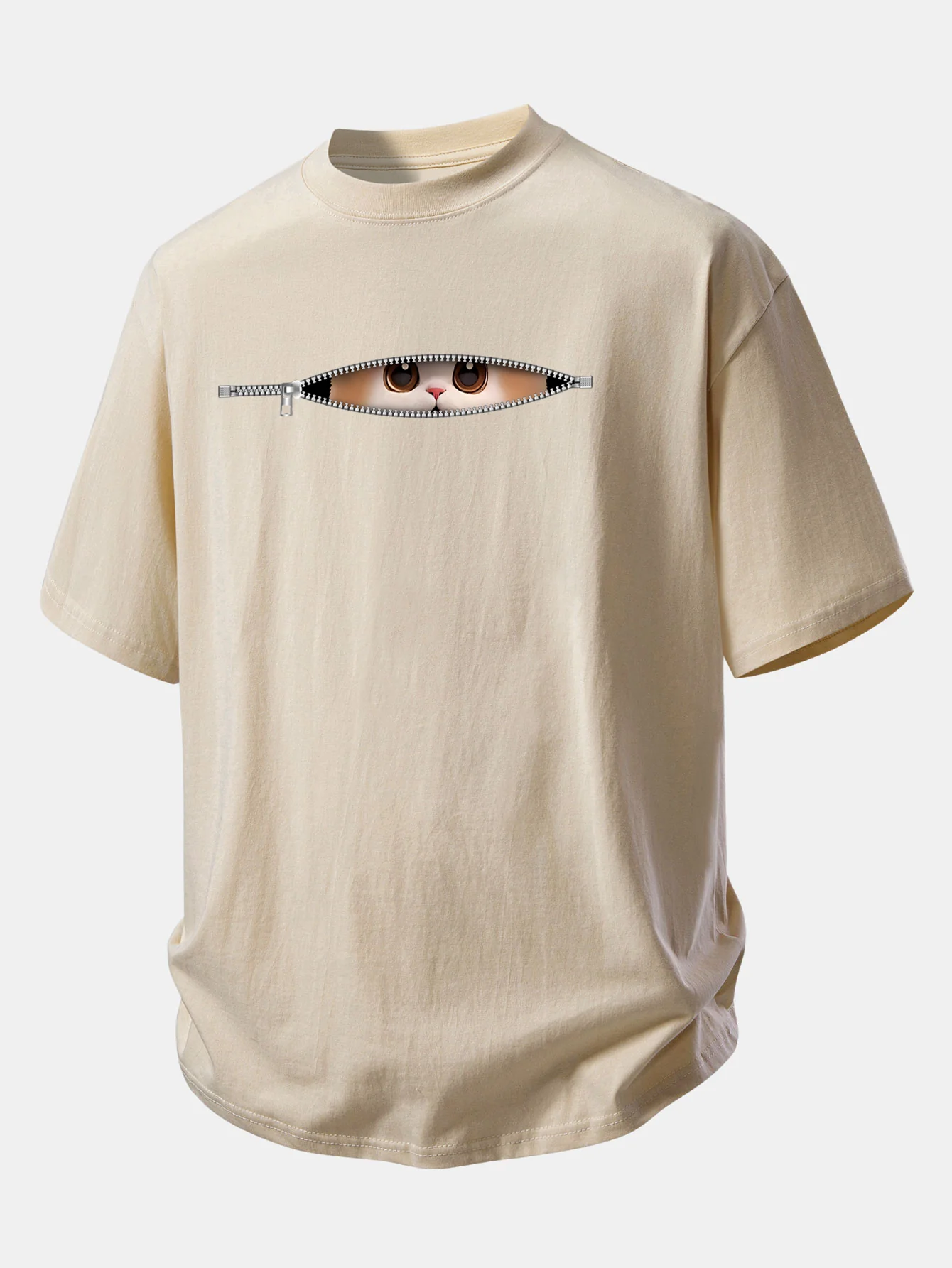 Relax Fit Zipper Cat Print Cotton T-Shirt - Image 3