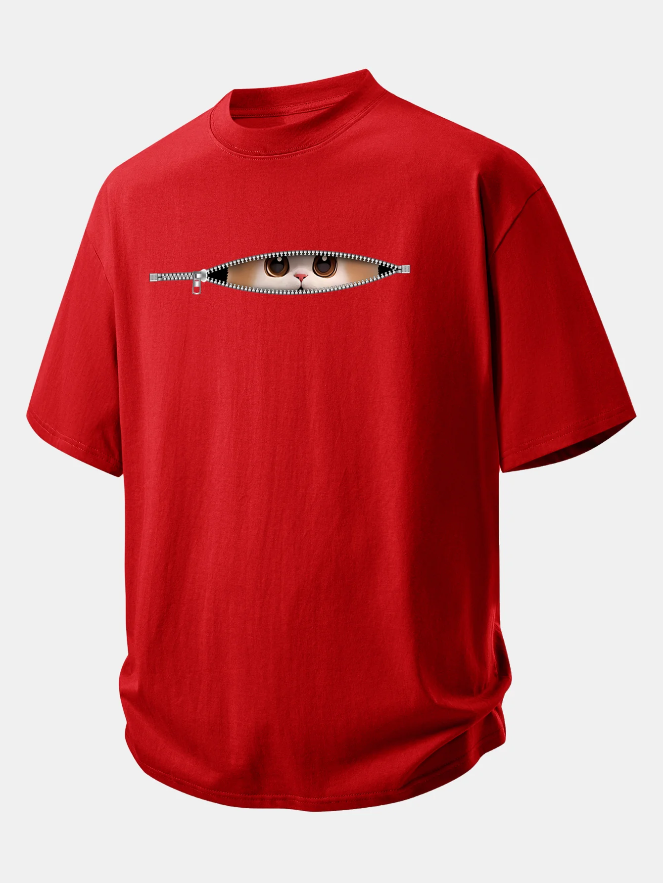 Relax Fit Zipper Cat Print Cotton T-Shirt - Image 4