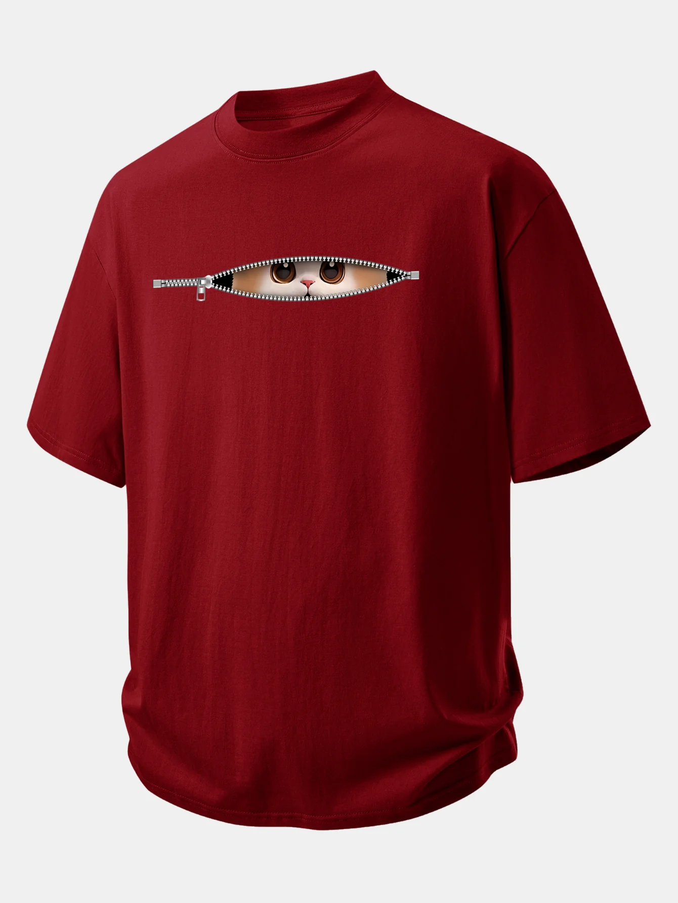 Relax Fit Zipper Cat Print Cotton T-Shirt - Image 6