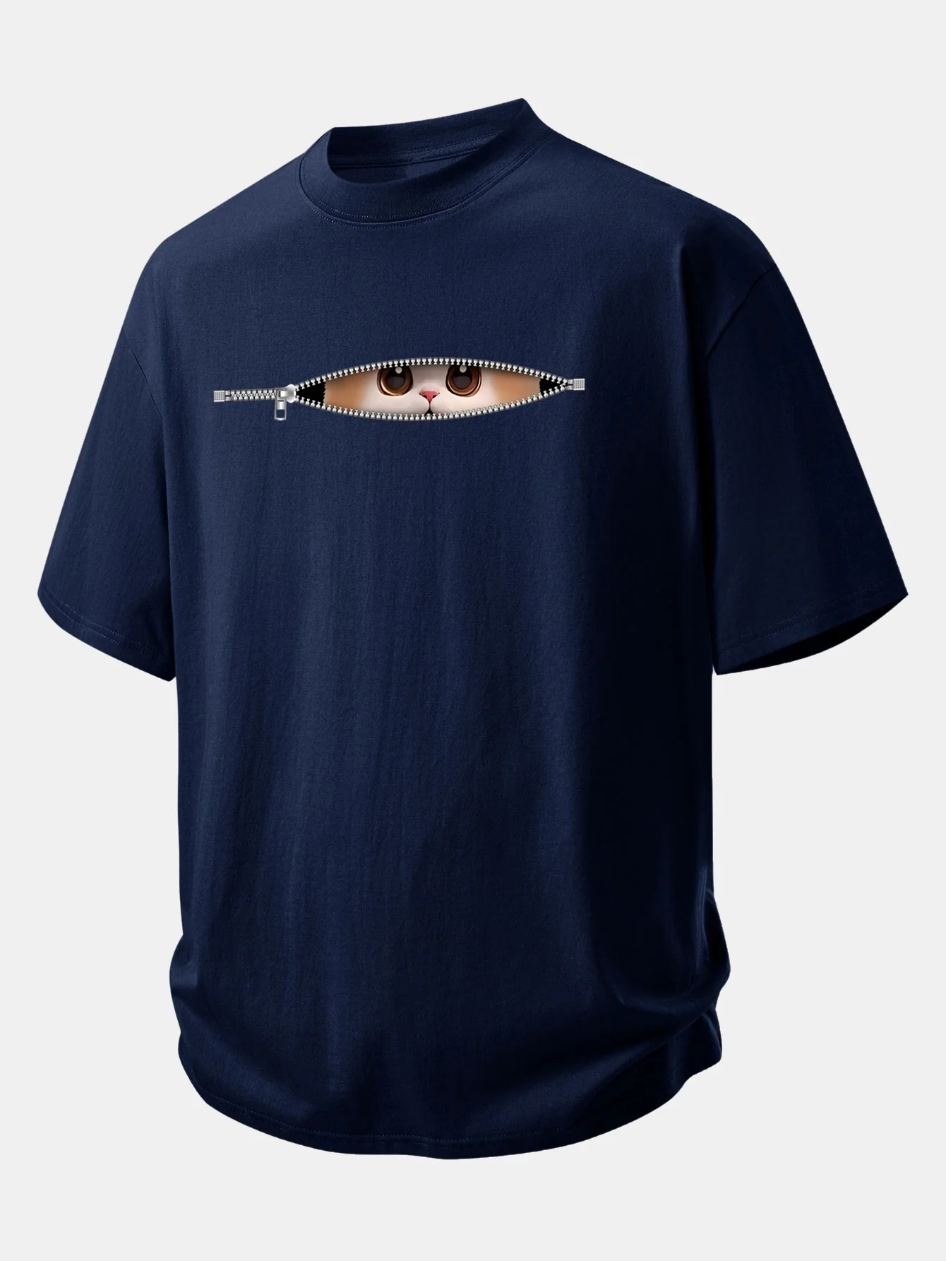 Relax Fit Zipper Cat Print Cotton T-Shirt - Image 7