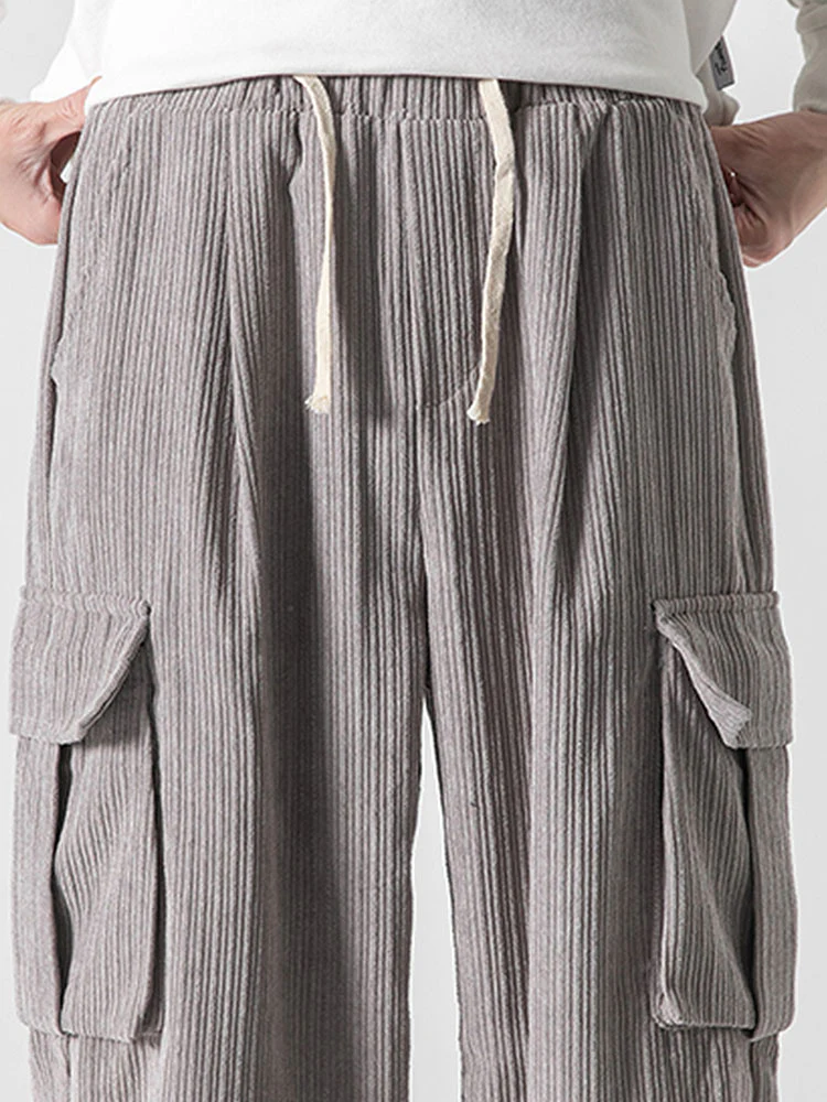 Lässige Passform Kordelzug Saum Corduroy Cargo-Hose - Image 11