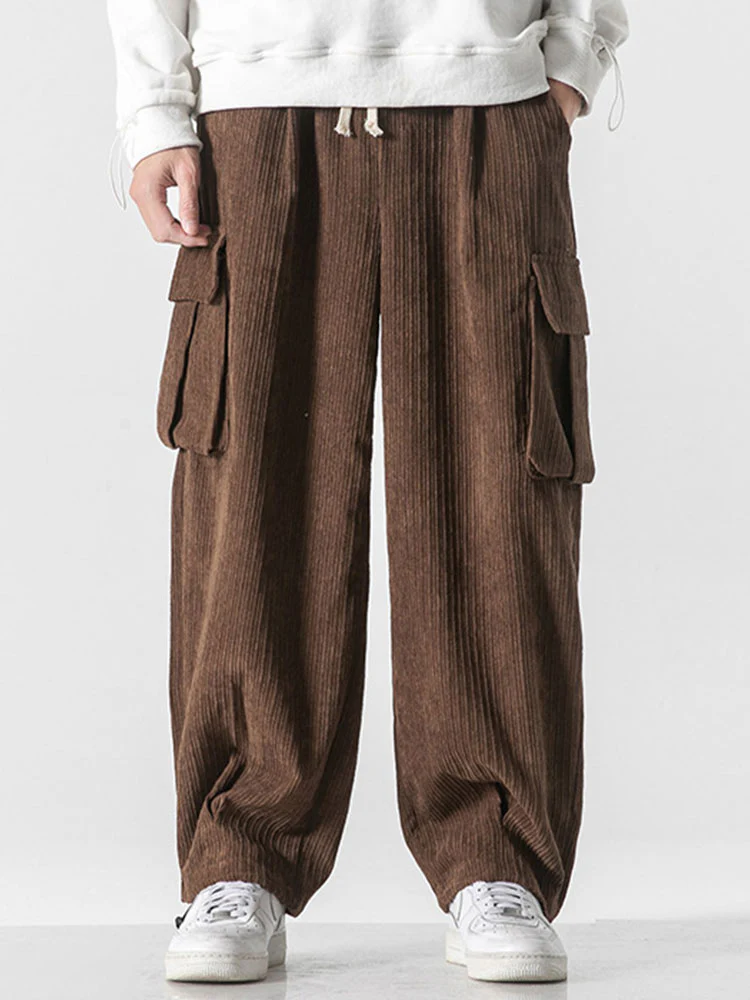 Lässige Passform Kordelzug Saum Corduroy Cargo-Hose - Image 2