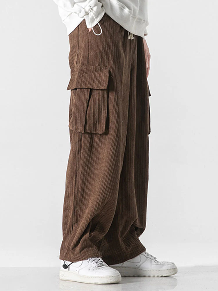 Lässige Passform Kordelzug Saum Corduroy Cargo-Hose - Image 3
