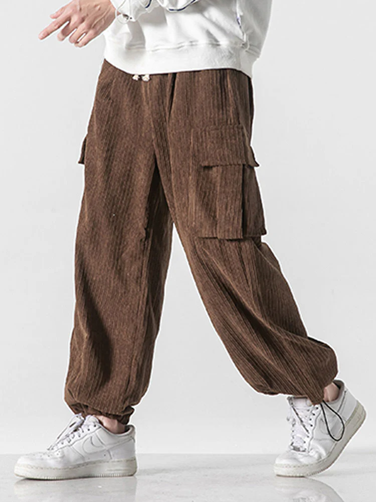 Lässige Passform Kordelzug Saum Corduroy Cargo-Hose - Image 4