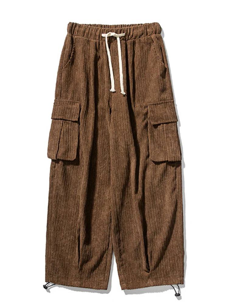 Lässige Passform Kordelzug Saum Corduroy Cargo-Hose - Image 5