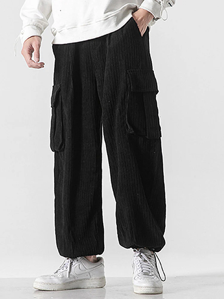 Lässige Passform Kordelzug Saum Corduroy Cargo-Hose - Image 7