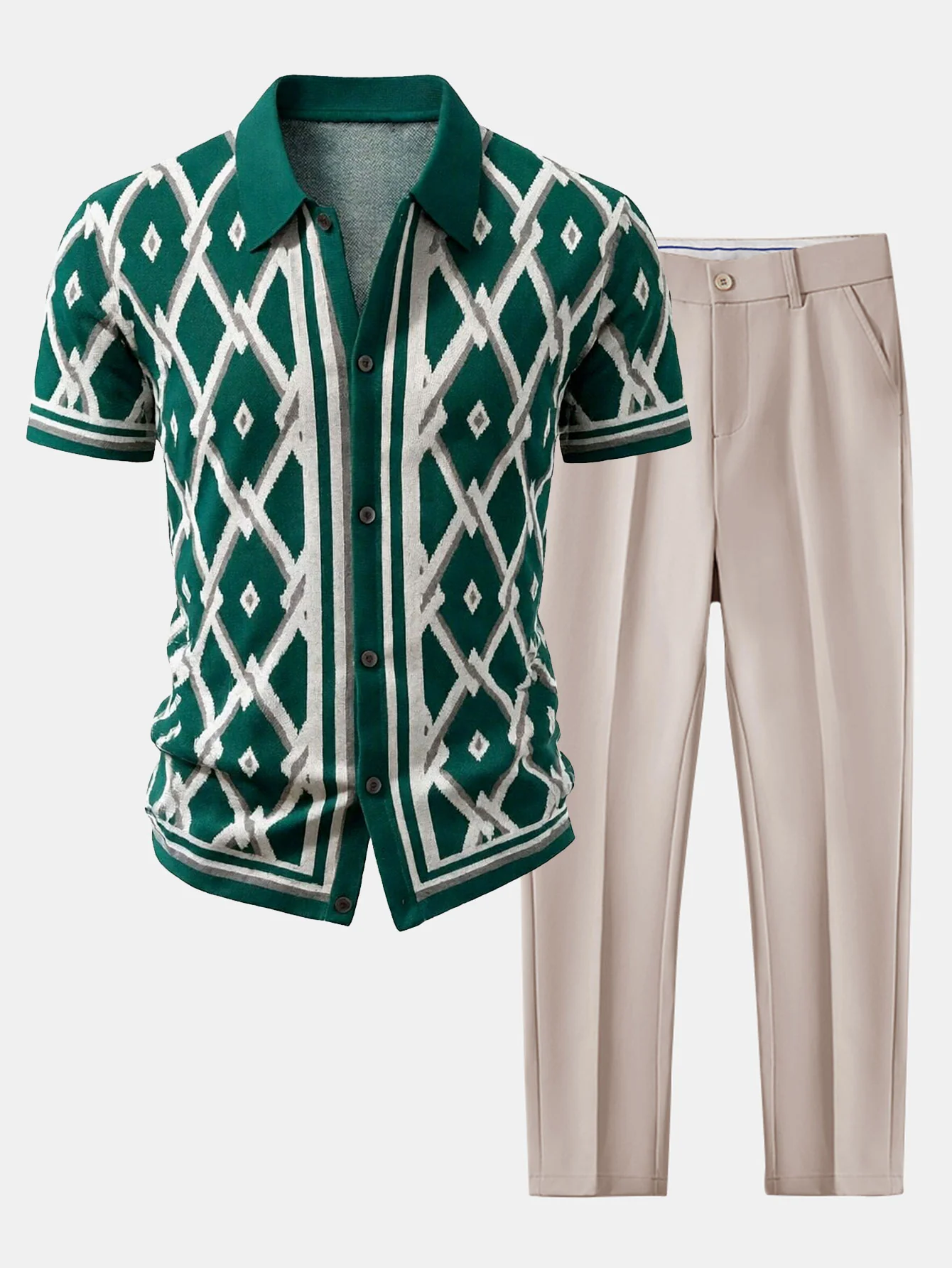 Retro Rhombus Geometric Knit Shirt & Slim Fit Tapered Trousers - Image 2