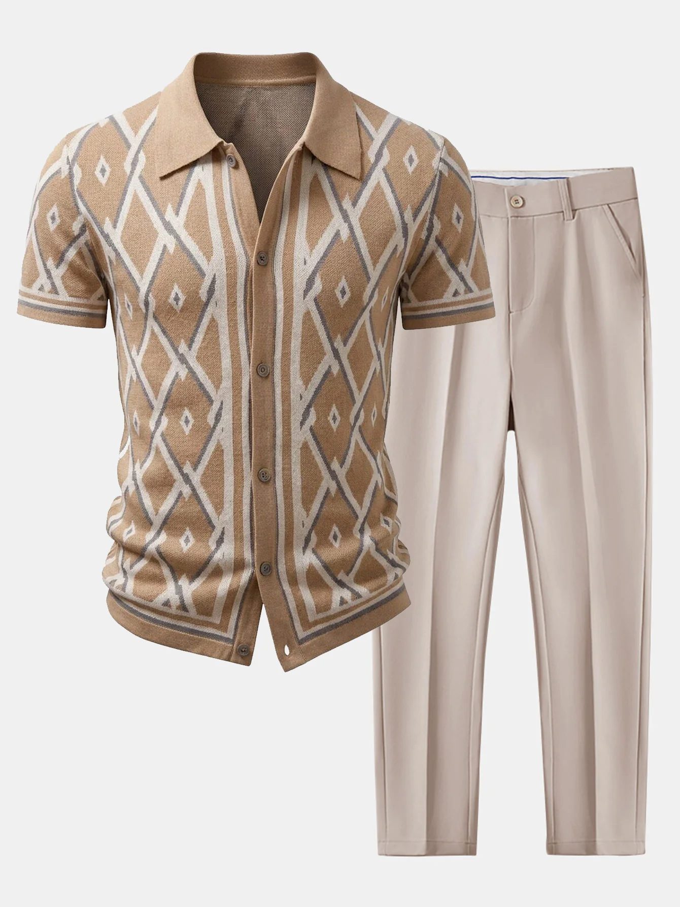 Retro Rhombus Geometric Knit Shirt & Slim Fit Tapered Trousers - Image 3