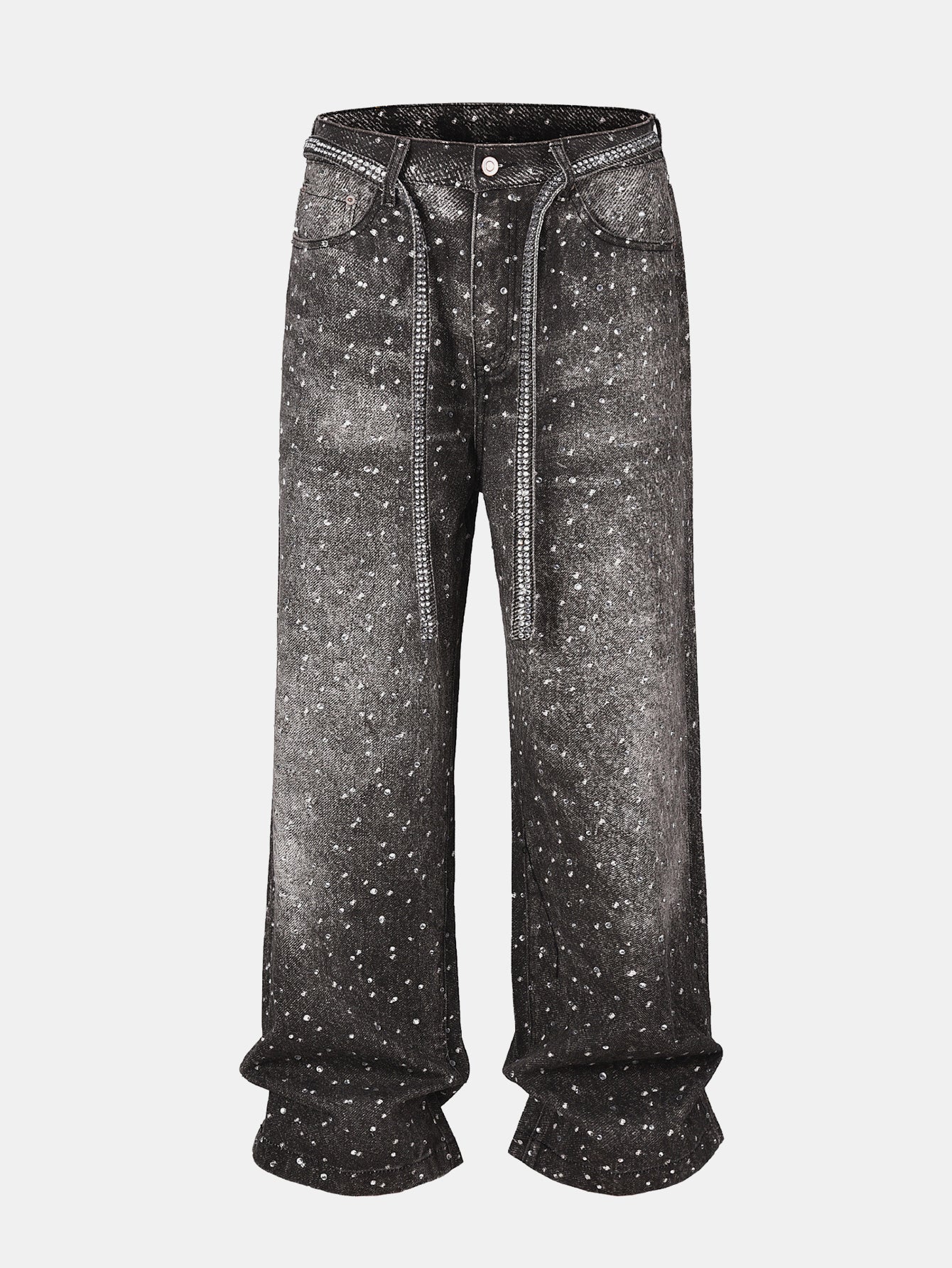 Strassbesetzte, gewaschene, distressed Jeans mit weitem Bein und Baggy-Schnitt - Image 3