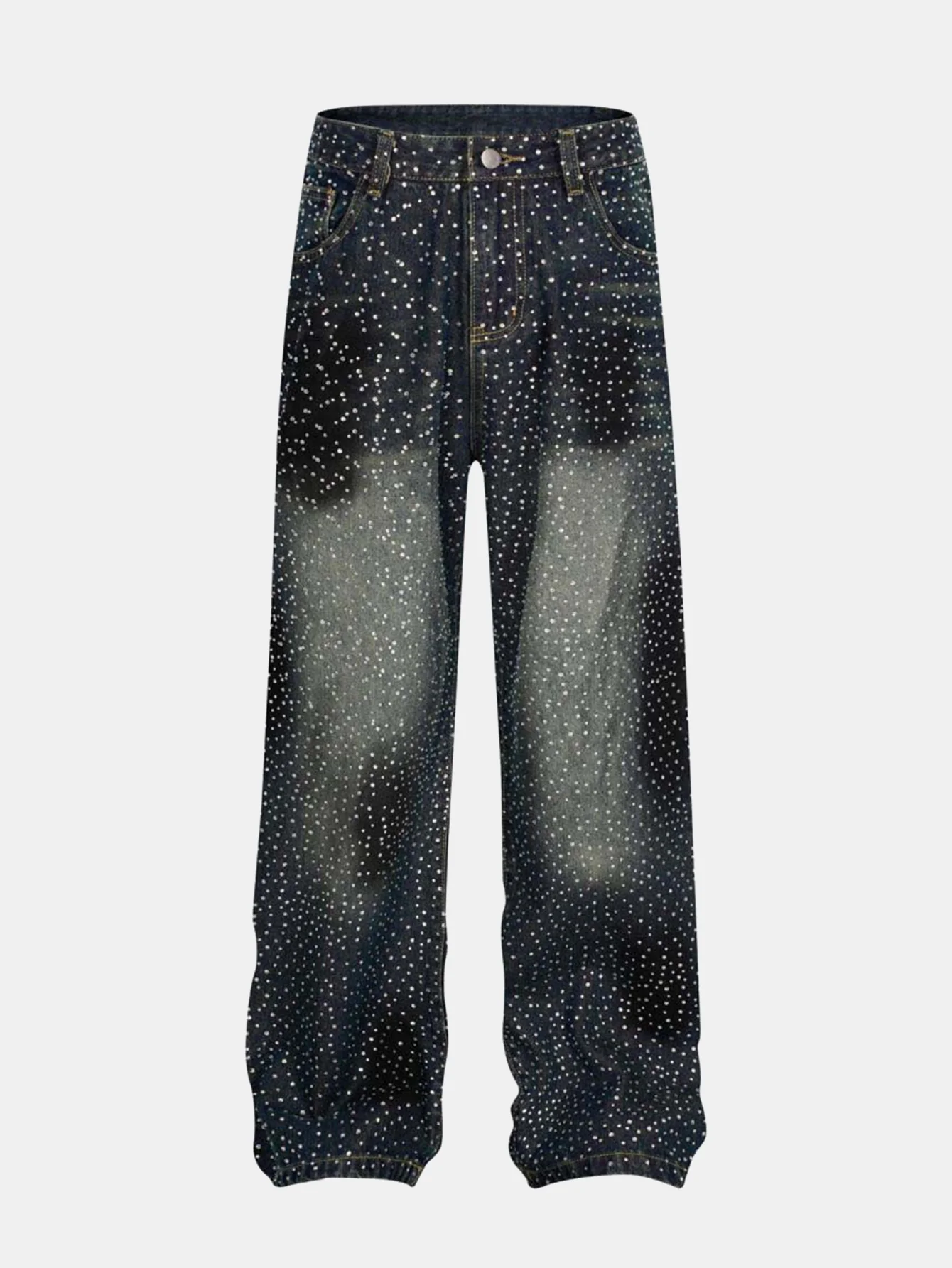 Strassbesetzte, gewaschene, distressed Jeans mit weitem Bein - Image 3