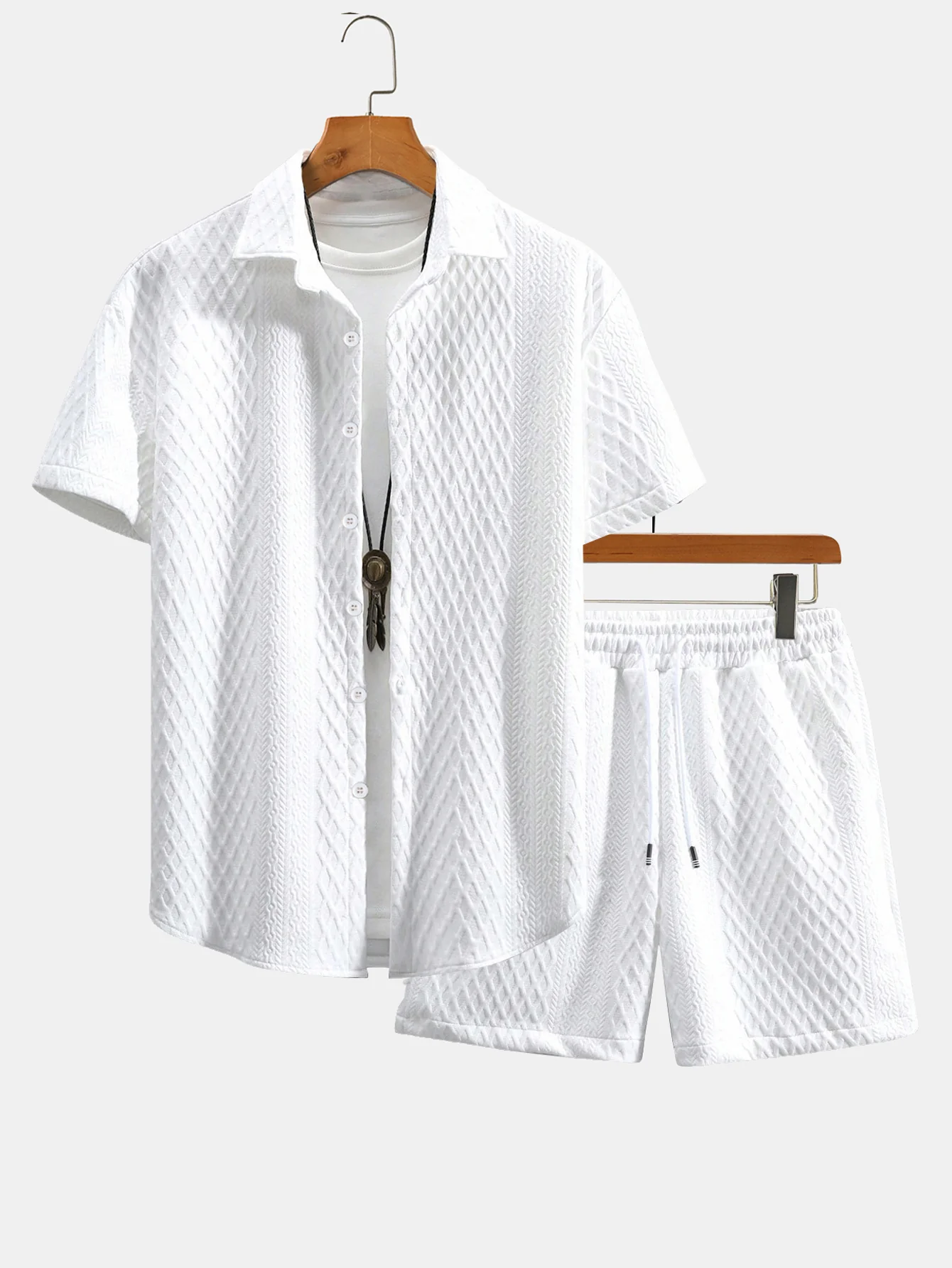 Rhombus Geometry Jacquard Hemd mit Knöpfen & Kordelzug Shorts - Image 3