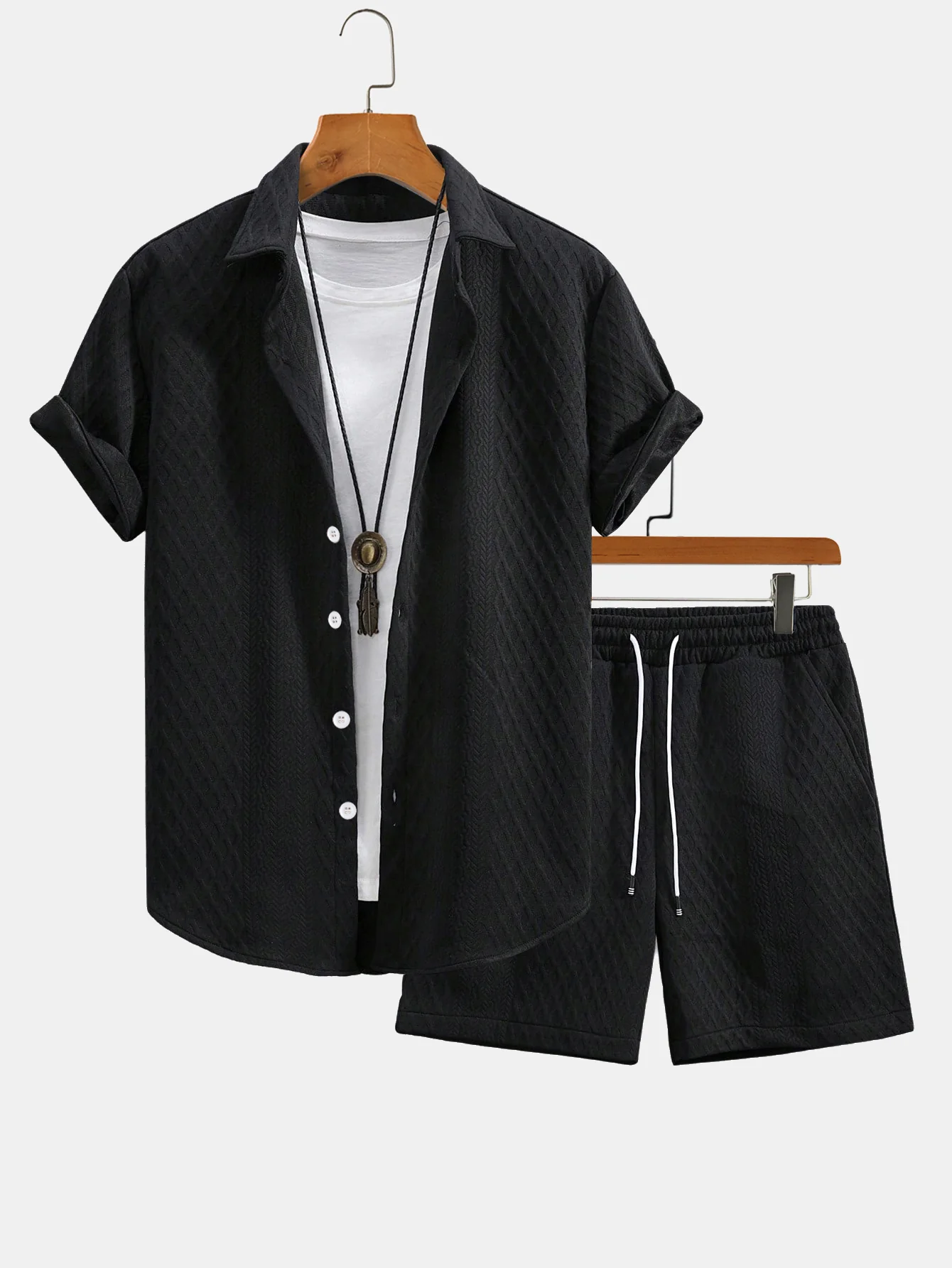 Rhombus Geometry Jacquard Hemd mit Knöpfen & Kordelzug Shorts - Image 5