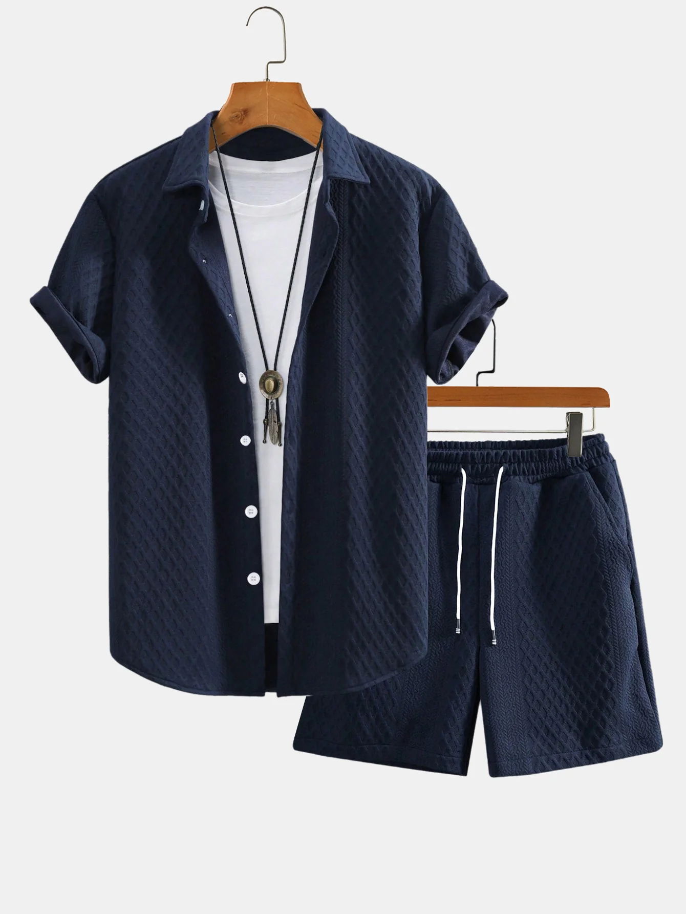 Rhombus Geometry Jacquard Hemd mit Knöpfen & Kordelzug Shorts - Image 7