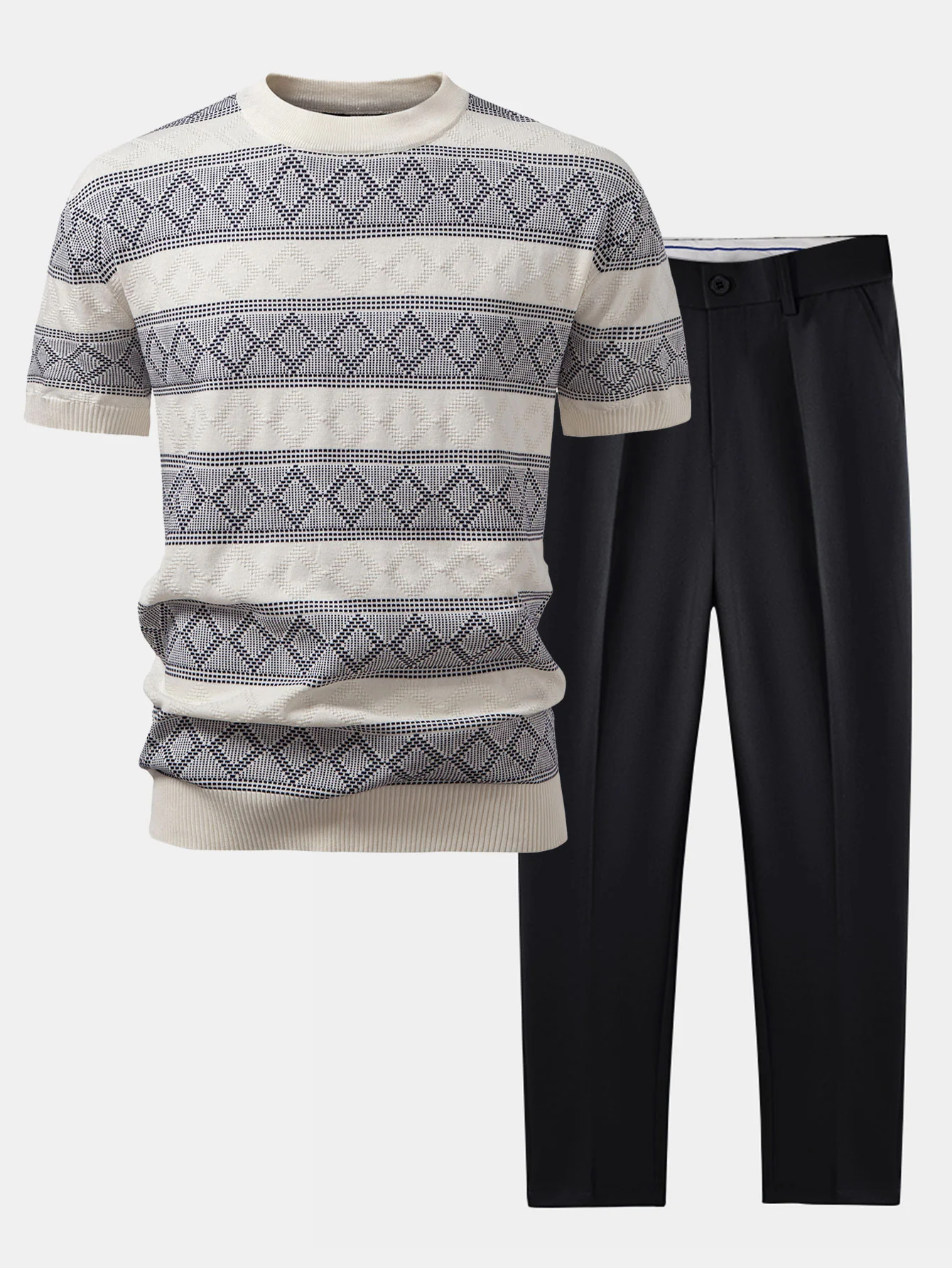 Rhombus Geometrie Strickpullover T-Shirt & Schlanke Passform Verjüngte Hose - Image 2