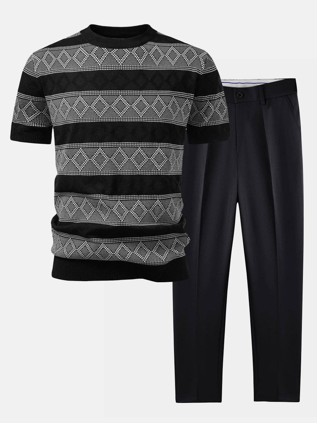Rhombus Geometrie Strickpullover T-Shirt & Schlanke Passform Verjüngte Hose - Image 3