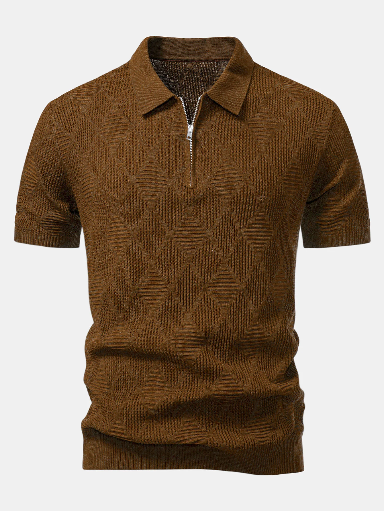 Rhombus strukturierte Reißverschluss Strick-Poloshirts & schlanke, konisch geschnittene Hose - Image 11