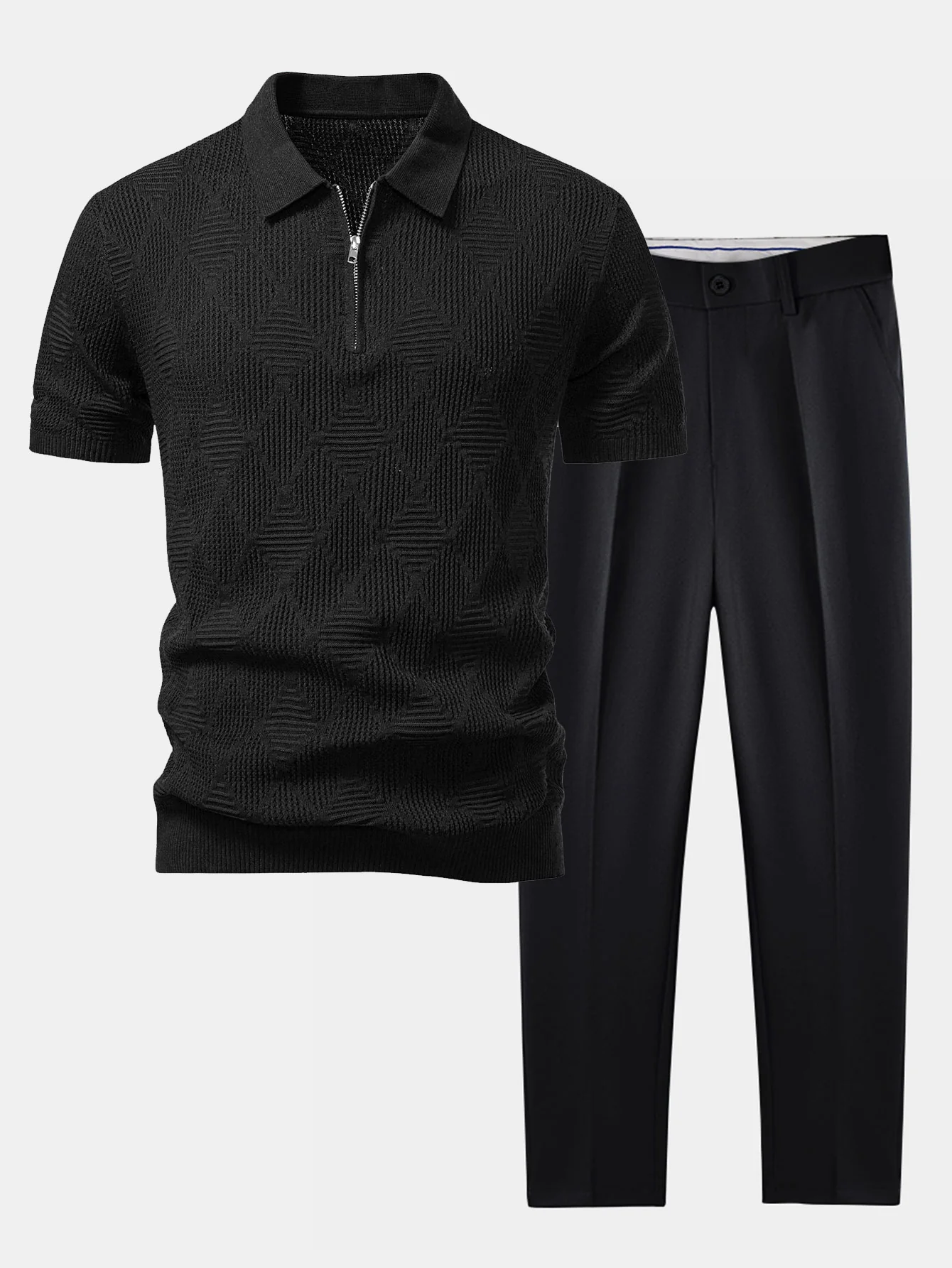 Rhombus strukturierte Reißverschluss Strick-Poloshirts & schlanke, konisch geschnittene Hose - Image 3