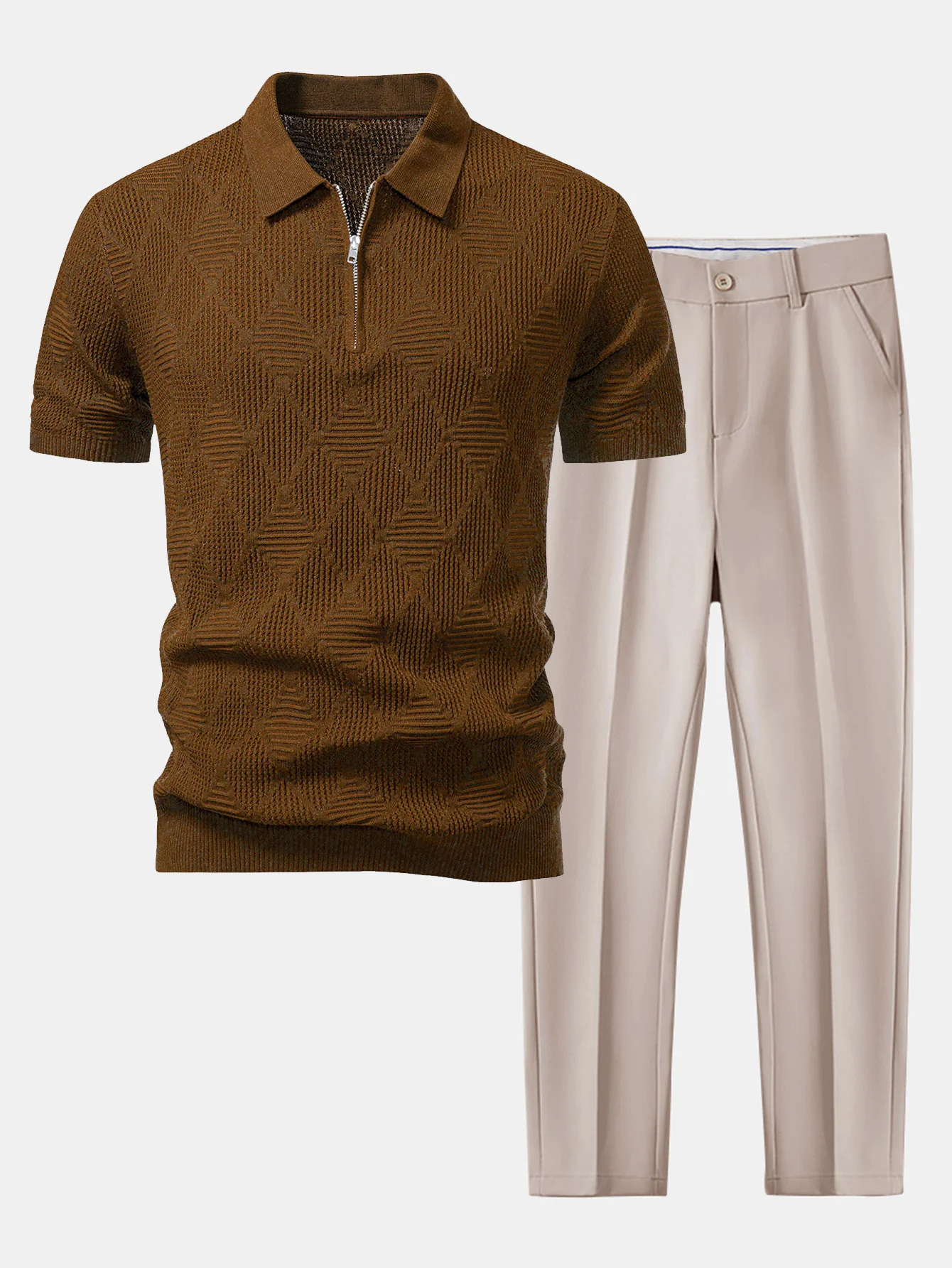 Rhombus strukturierte Reißverschluss Strick-Poloshirts & schlanke, konisch geschnittene Hose - Image 4