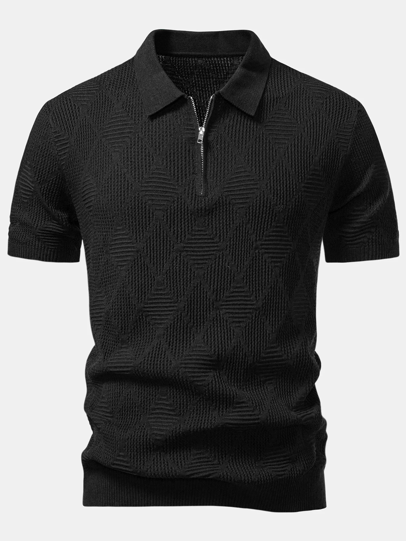 Rhombus strukturierte Reißverschluss Strick-Poloshirts & schlanke, konisch geschnittene Hose - Image 7