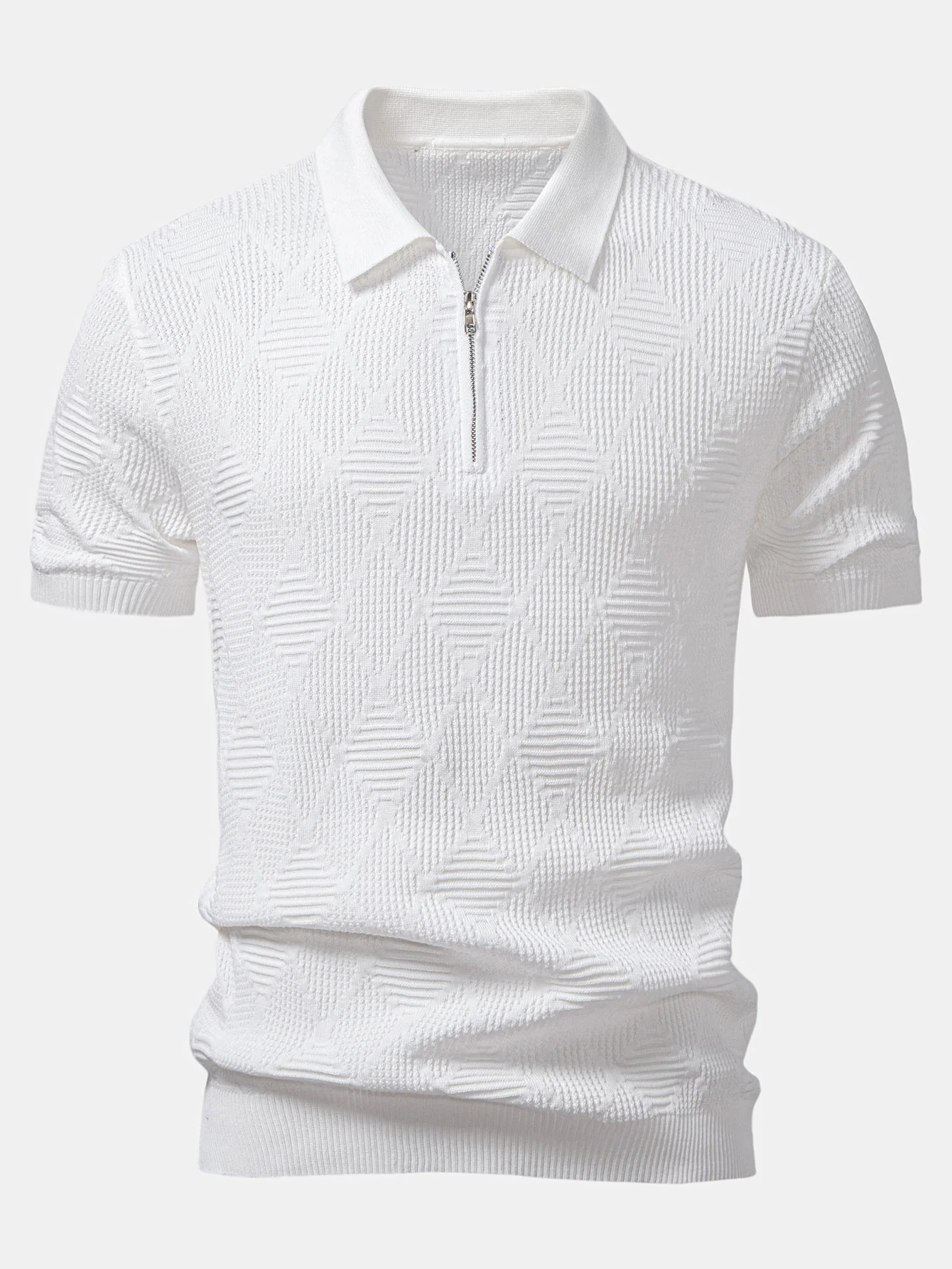 Rhombus strukturierte Reißverschluss Strick-Poloshirts & schlanke, konisch geschnittene Hose - Image 9