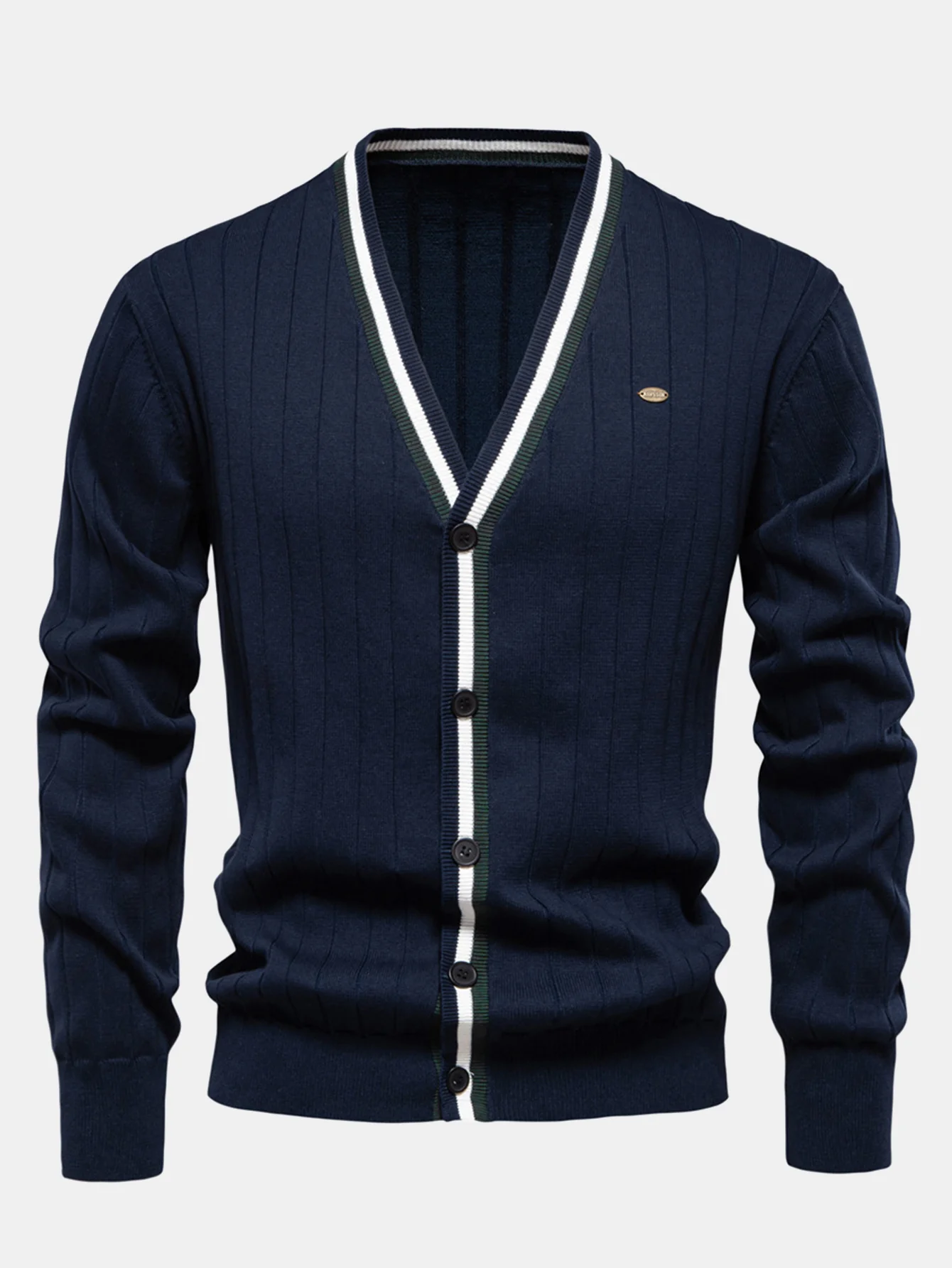 Gerippter Cardigan mit Streifenbesatz - Image 3