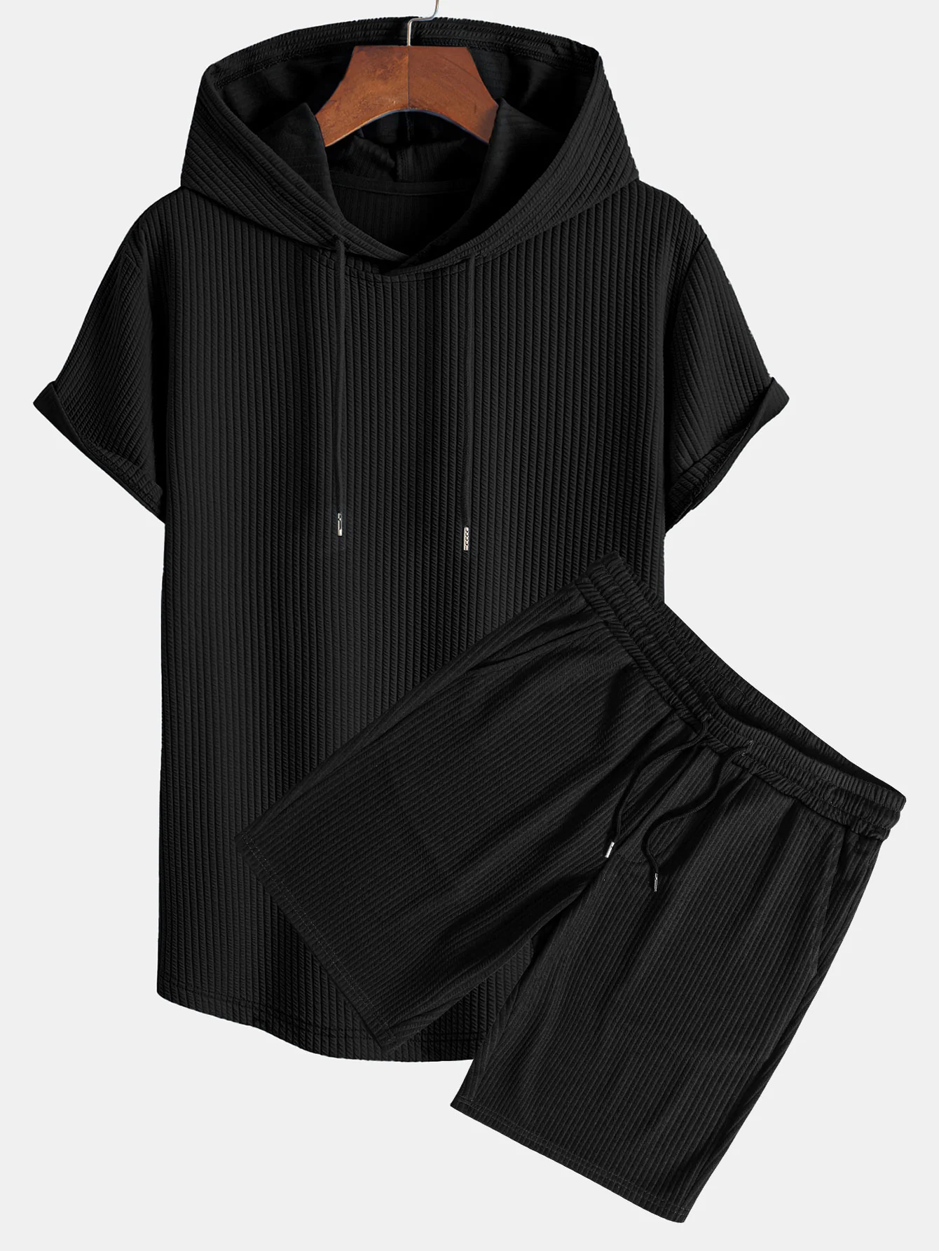 Geripptes Kapuzen-T-Shirt mit Bogen-Saum & Shorts - Image 2
