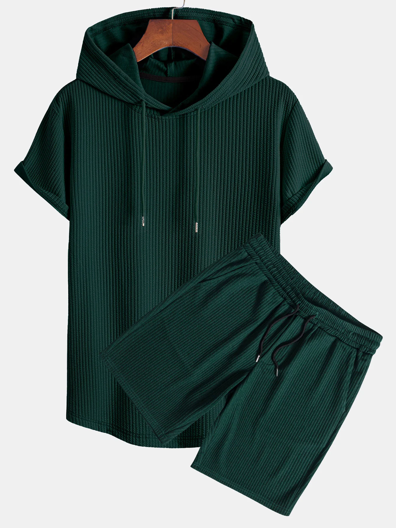 Geripptes Kapuzen-T-Shirt mit Bogen-Saum & Shorts - Image 3