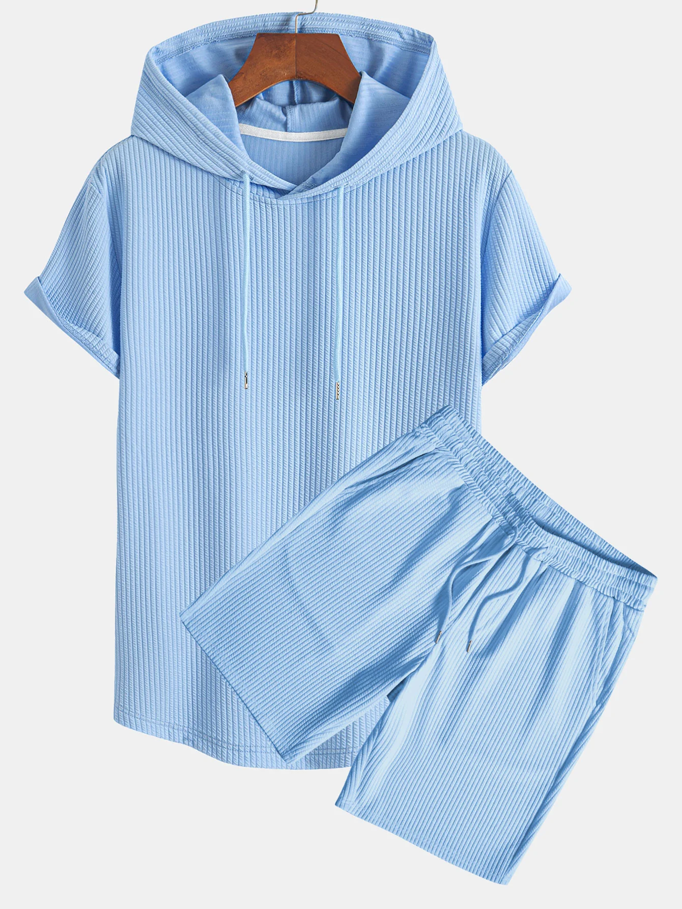 Geripptes Kapuzen-T-Shirt mit Bogen-Saum & Shorts - Image 4