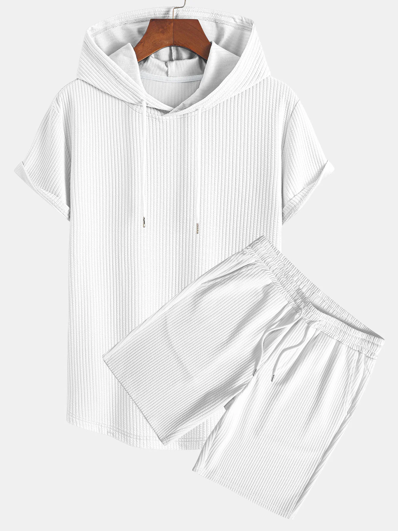 Geripptes Kapuzen-T-Shirt mit Bogen-Saum & Shorts - Image 5