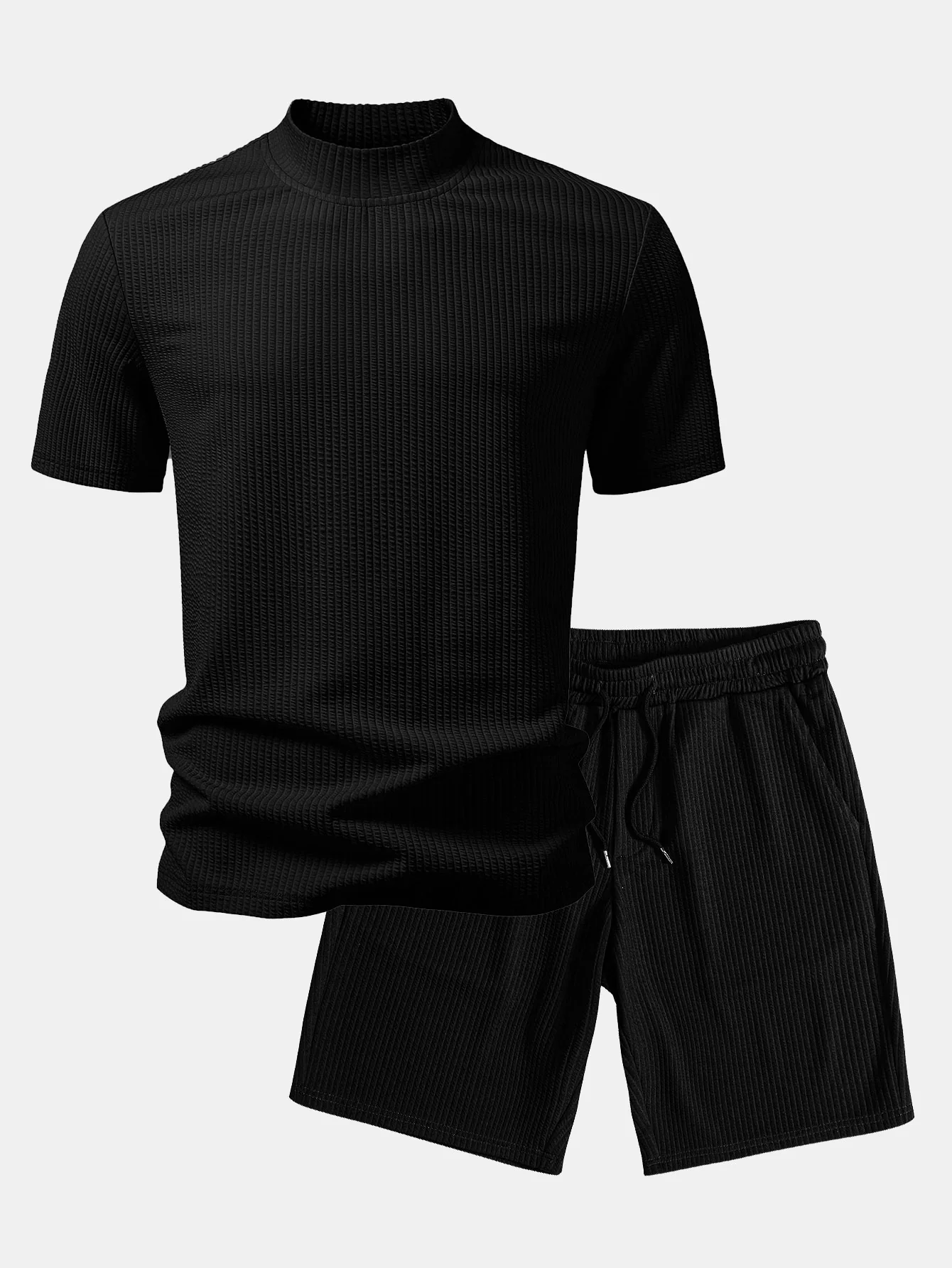 Ribbed Mock Neck T-Shirt & Drawstring Ribbed Shorts