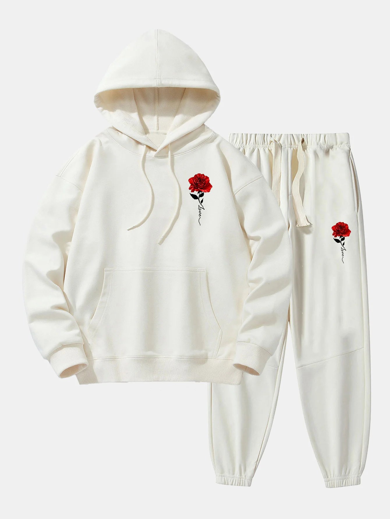 Rose Print Baumwollmischung Hoodie & Jogginghose