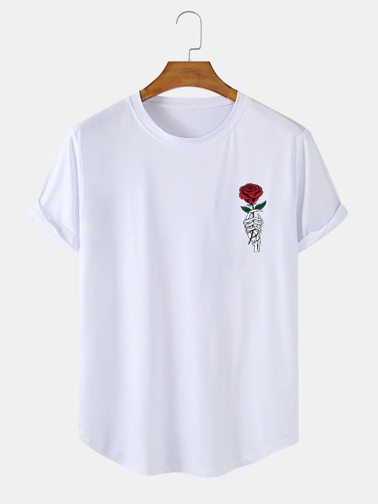 Rose Skull Handdruck Bogen Saum T-Shirt - Image 2