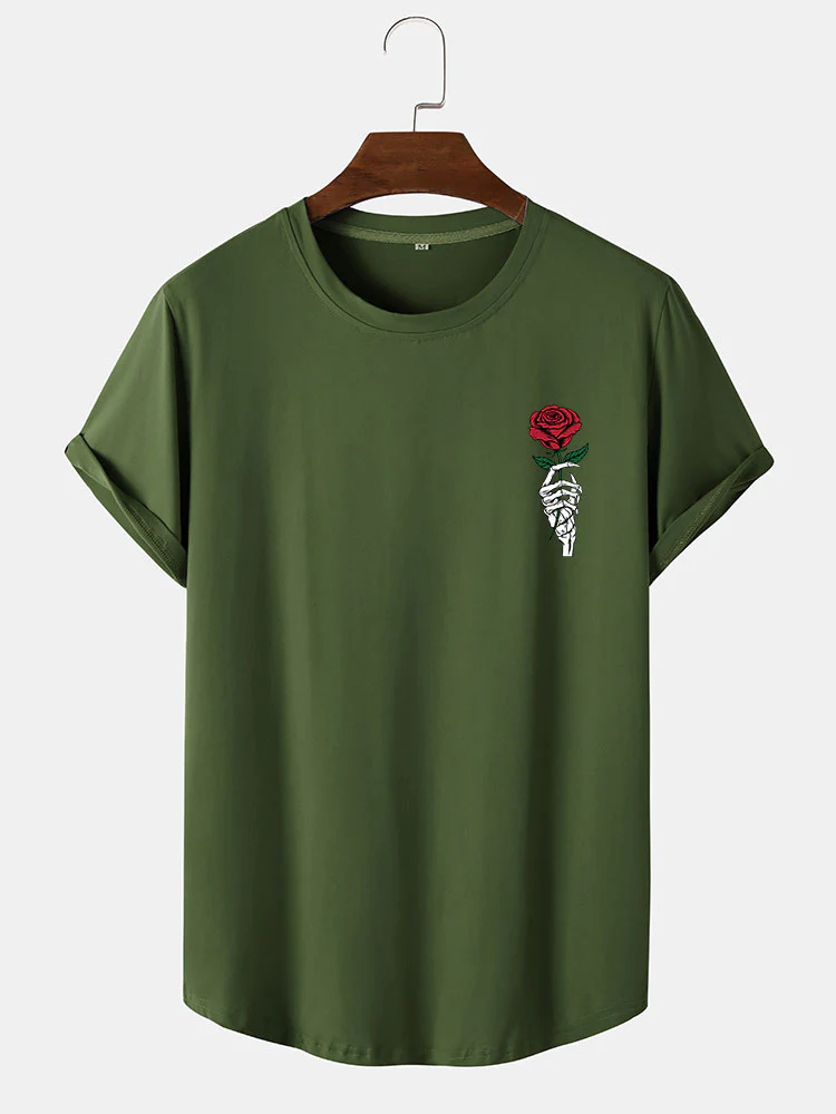 Rose Skull Handdruck Bogen Saum T-Shirt - Image 3