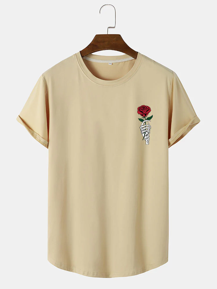 Rose Skull Handdruck Bogen Saum T-Shirt - Image 4